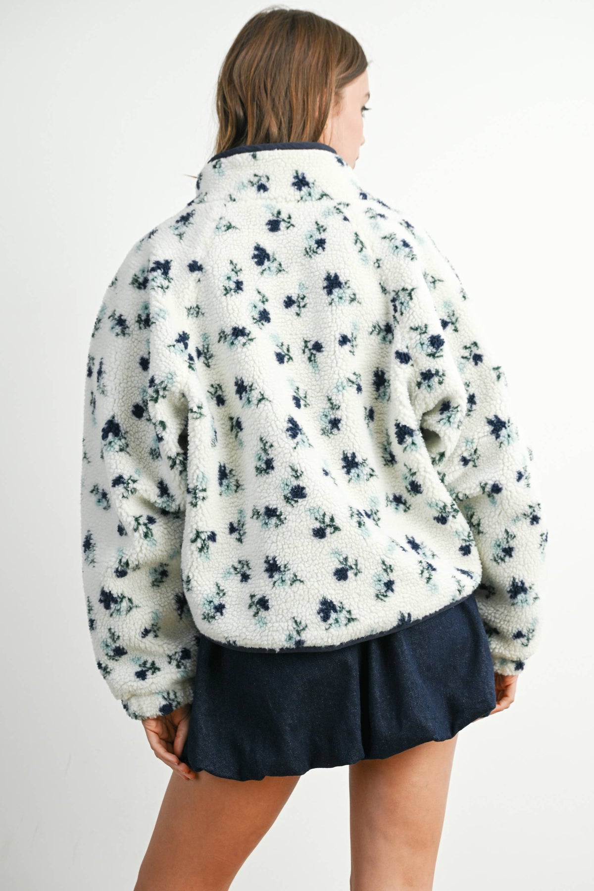 Floral Print Fluffy Fleece Jacket - BMJ7811: CREAM / KHAKI / L