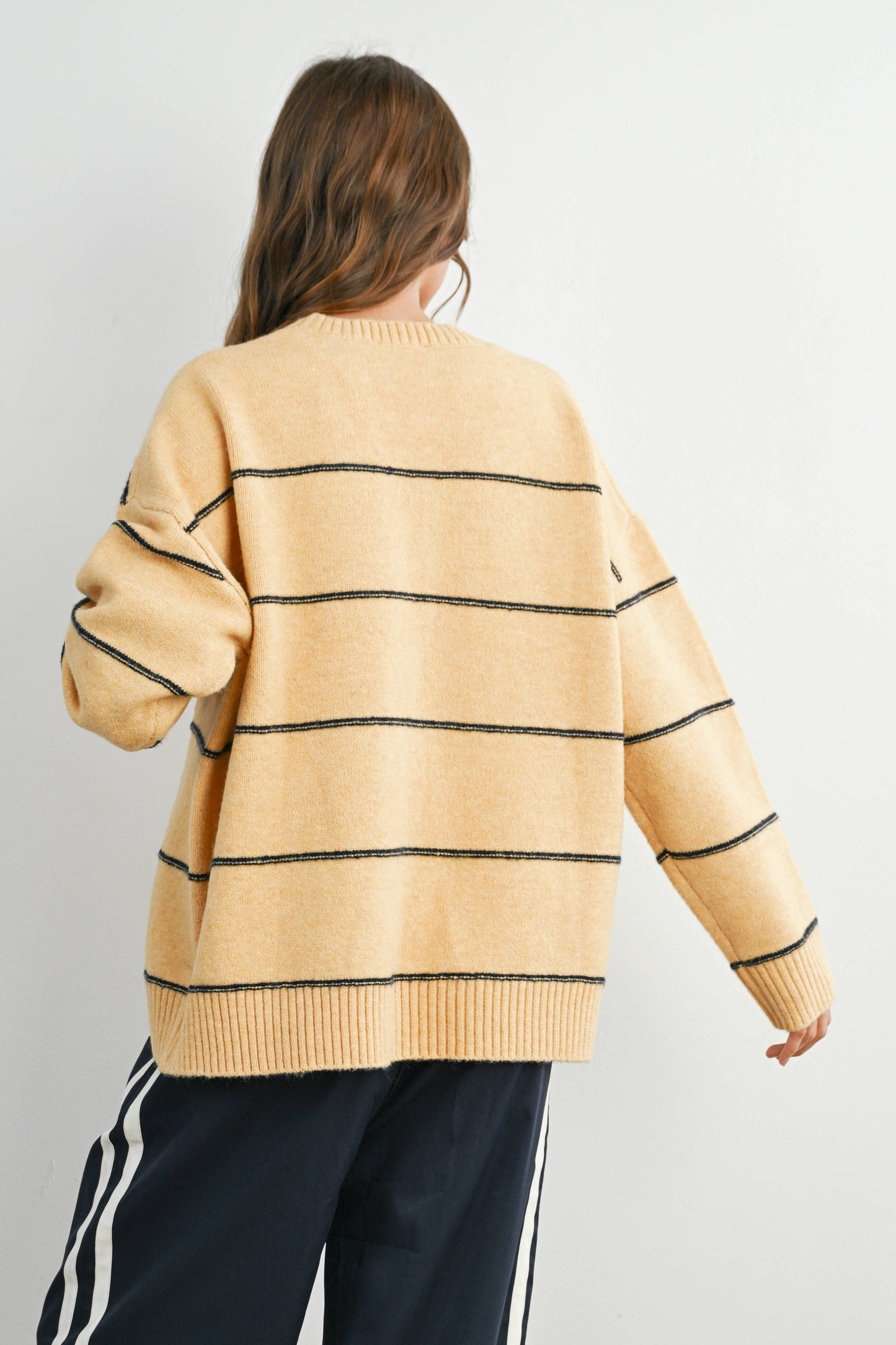 Striped Pattern Drop Shoulder Sweater - BMW7421: TAUPE MULTI / L