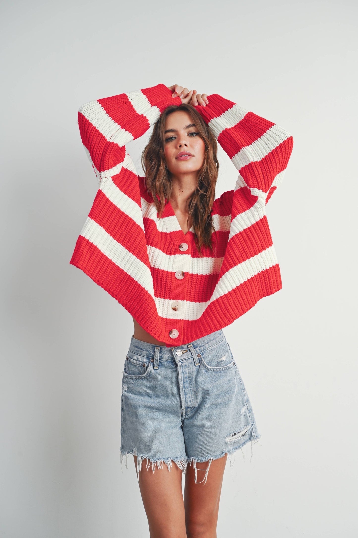 Striped V-Neck Cardigan with Buttons - BMC7331