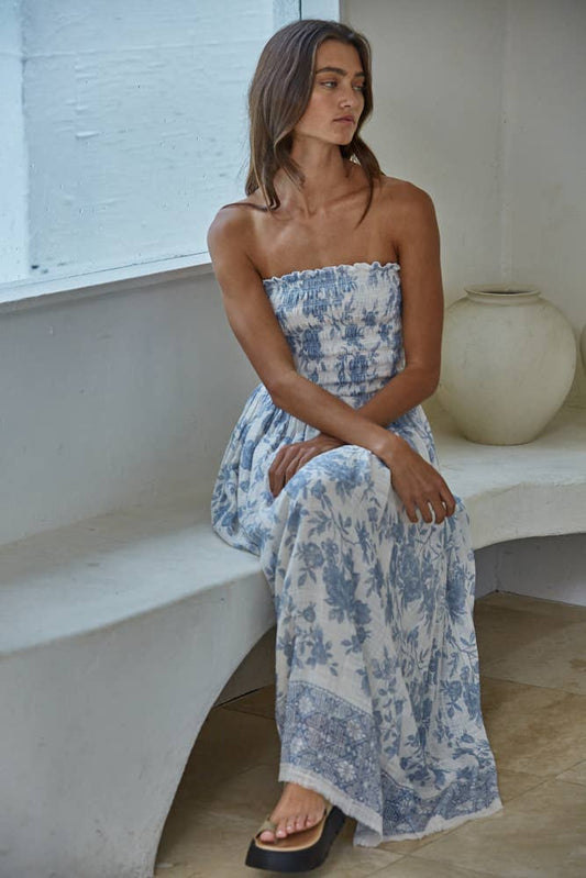 Floral Smocked Strapless Midi Dress