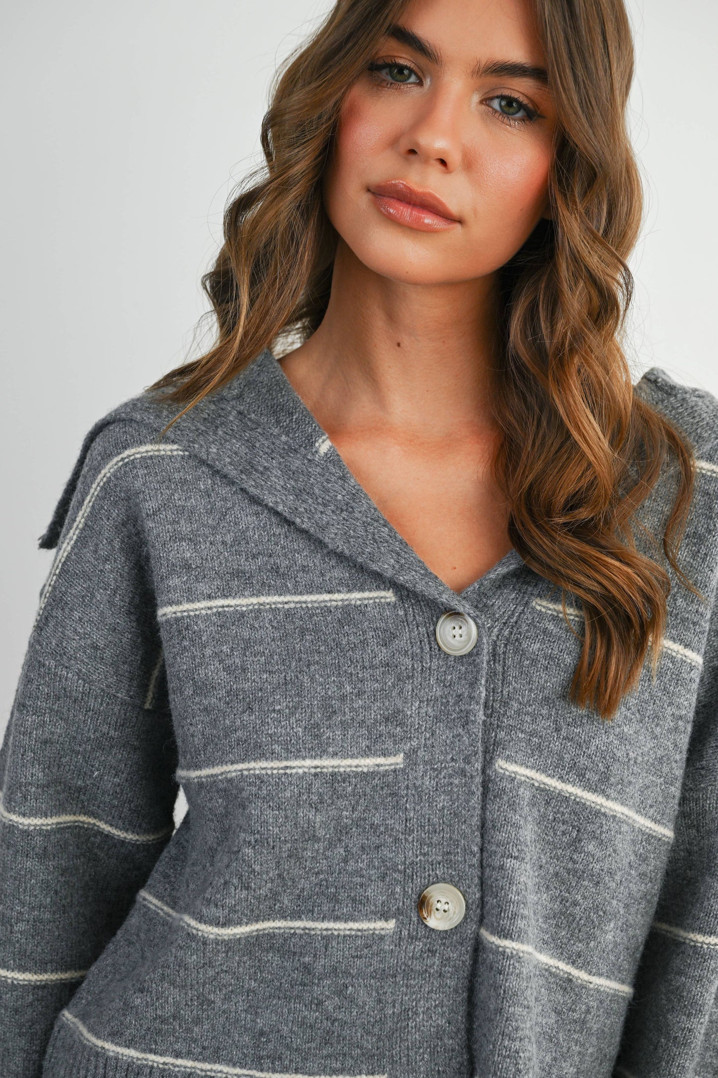 Button-Up Striped Collared Long Sleeve Top - BMC7883: TAUPE MULTI / L