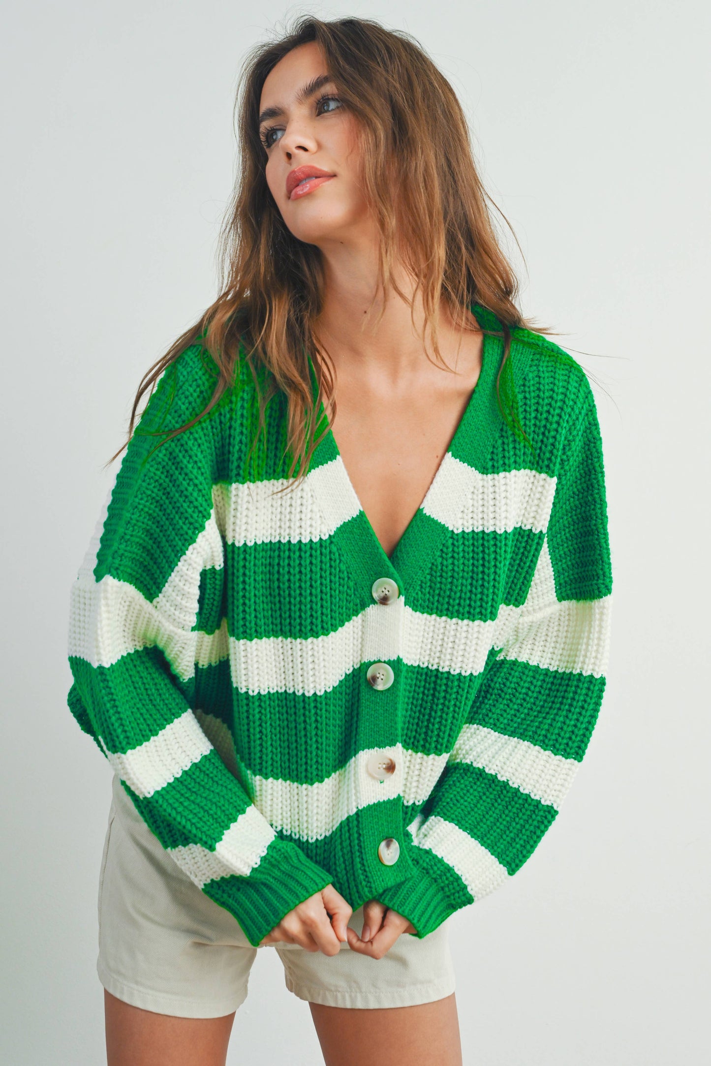 Striped V-Neck Cardigan with Buttons - BMC7331