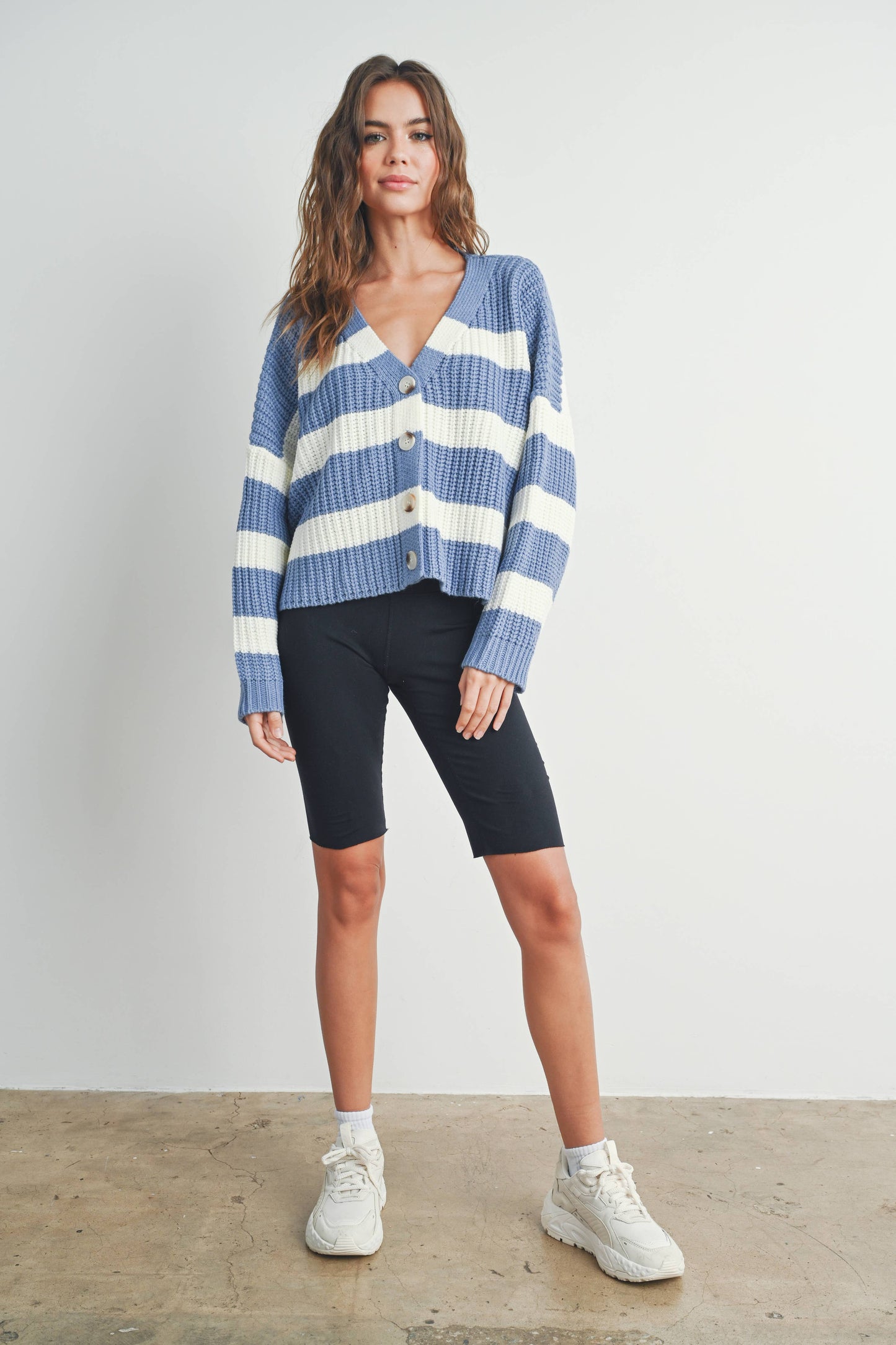 Striped V-Neck Cardigan with Buttons - BMC7331
