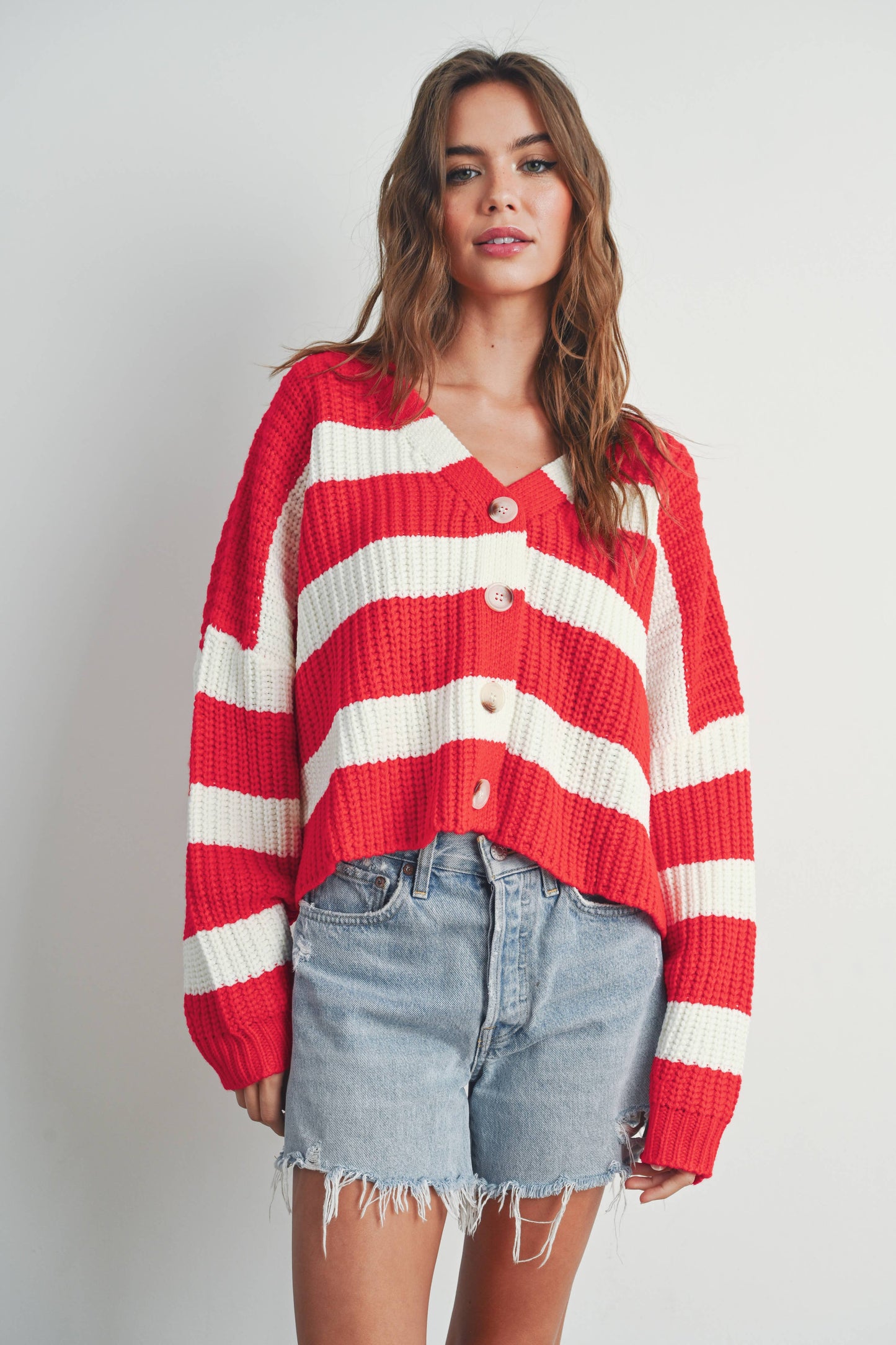 Striped V-Neck Cardigan with Buttons - BMC7331