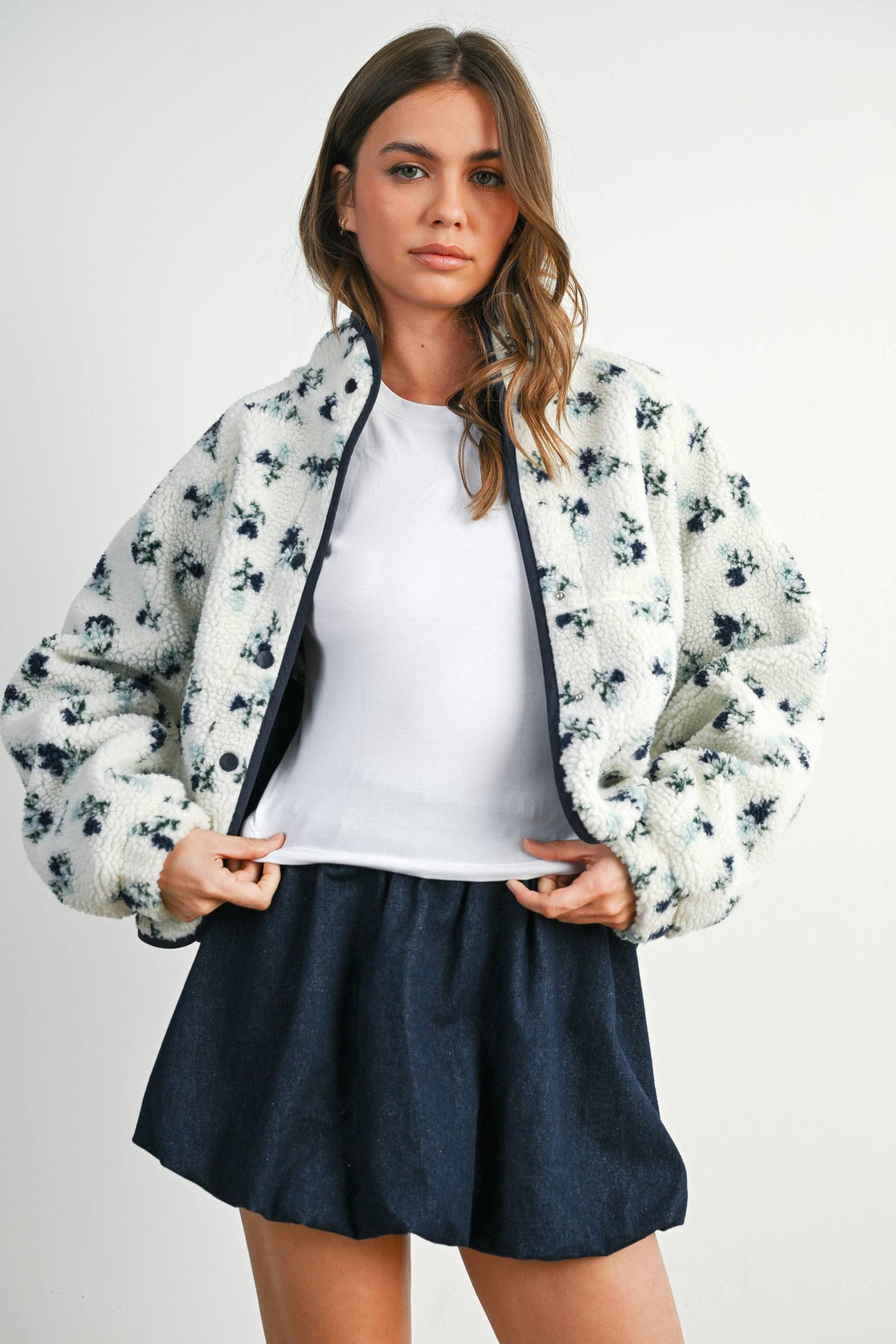 Floral Print Fluffy Fleece Jacket - BMJ7811: CREAM / KHAKI / L