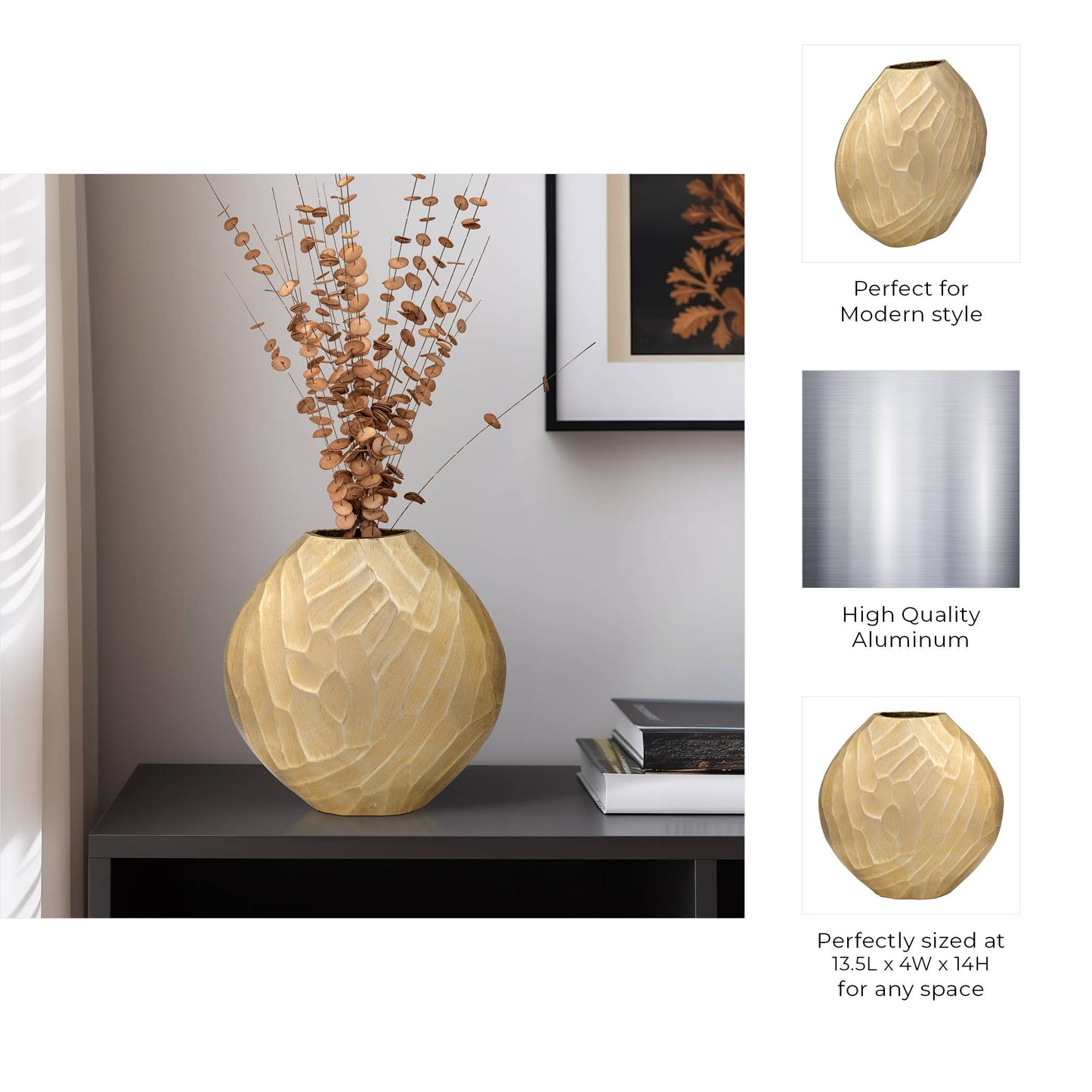 Metal Modern Hammered Decorative Vase - Gold, 14 in.