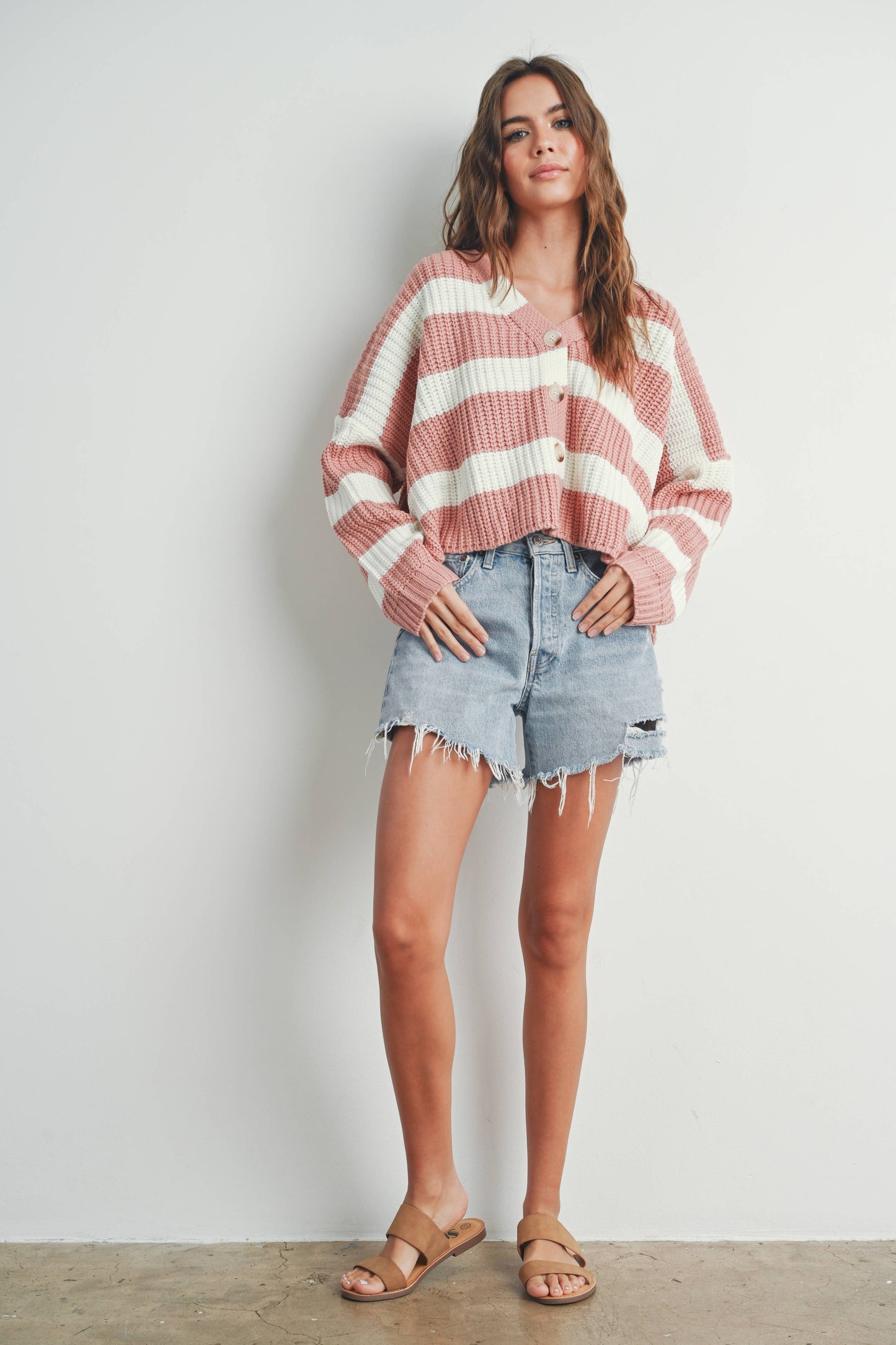 Striped V-Neck Cardigan with Buttons - BMC7331
