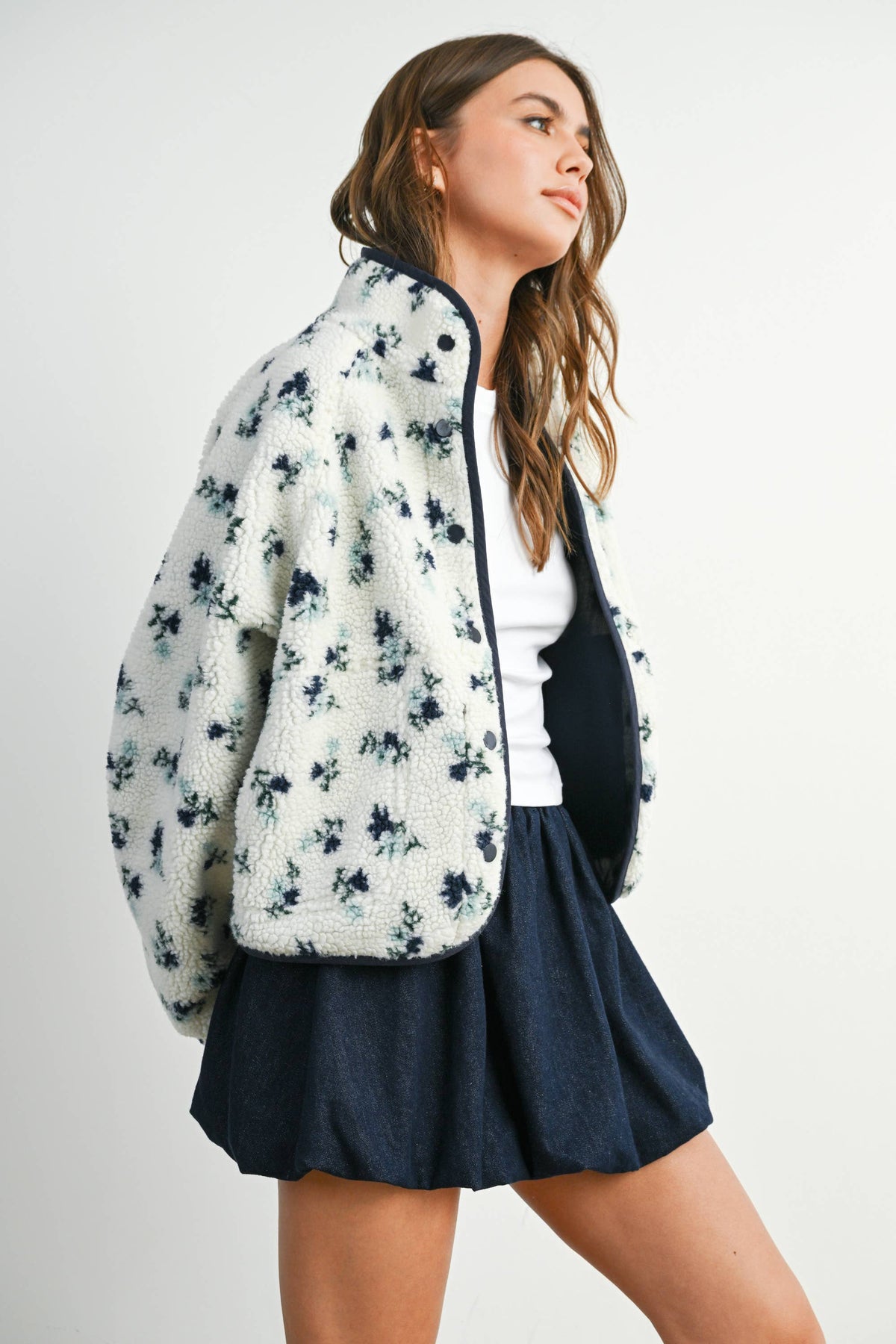 Floral Print Fluffy Fleece Jacket - BMJ7811: CREAM / KHAKI / L