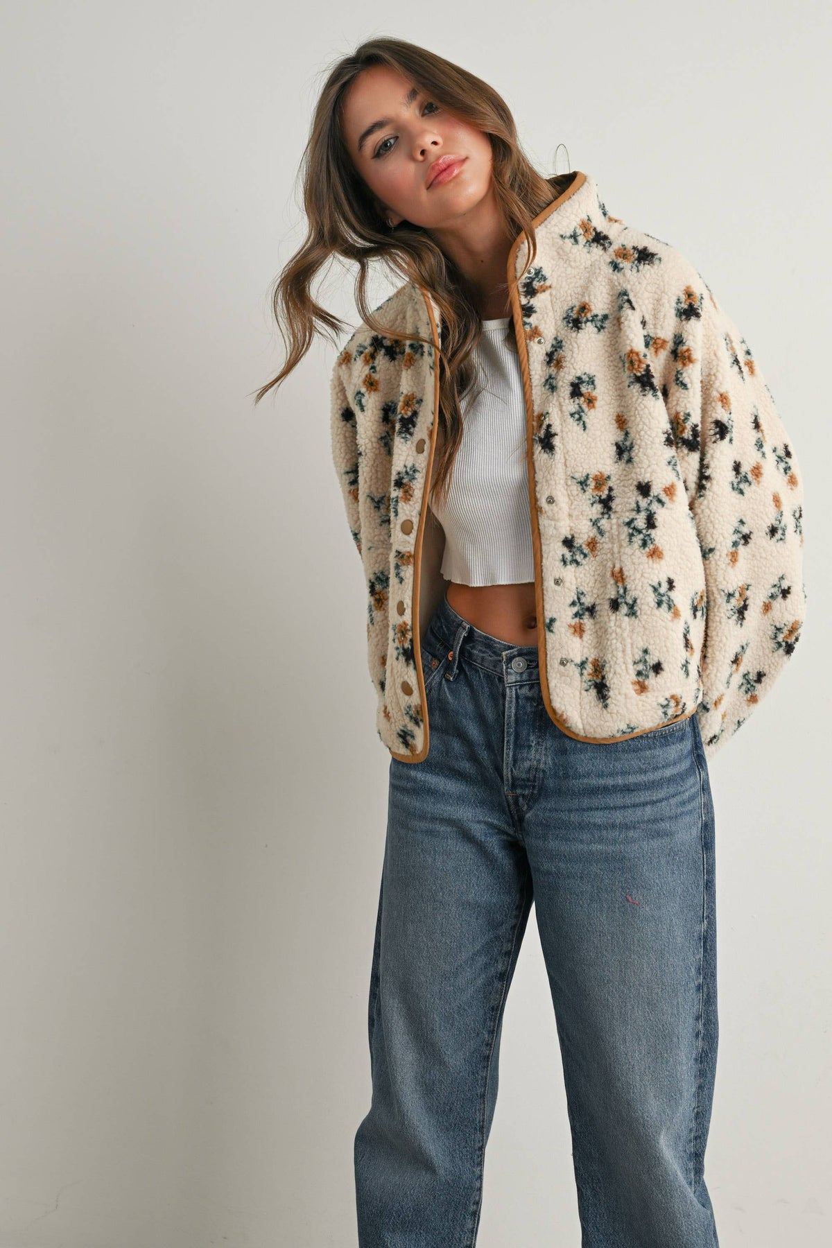 Floral Print Fluffy Fleece Jacket - BMJ7811: CREAM / KHAKI / L