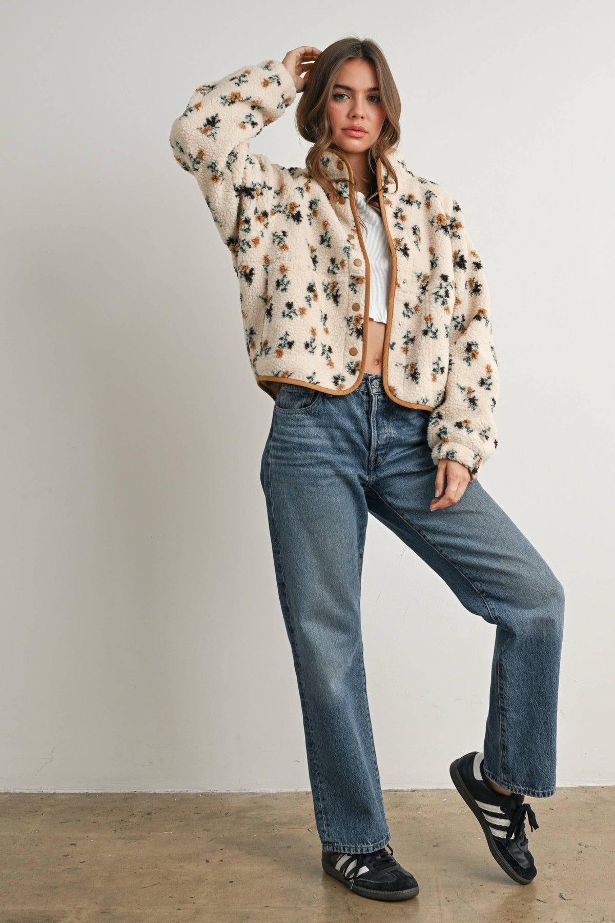 Floral Print Fluffy Fleece Jacket - BMJ7811: CREAM / KHAKI / L