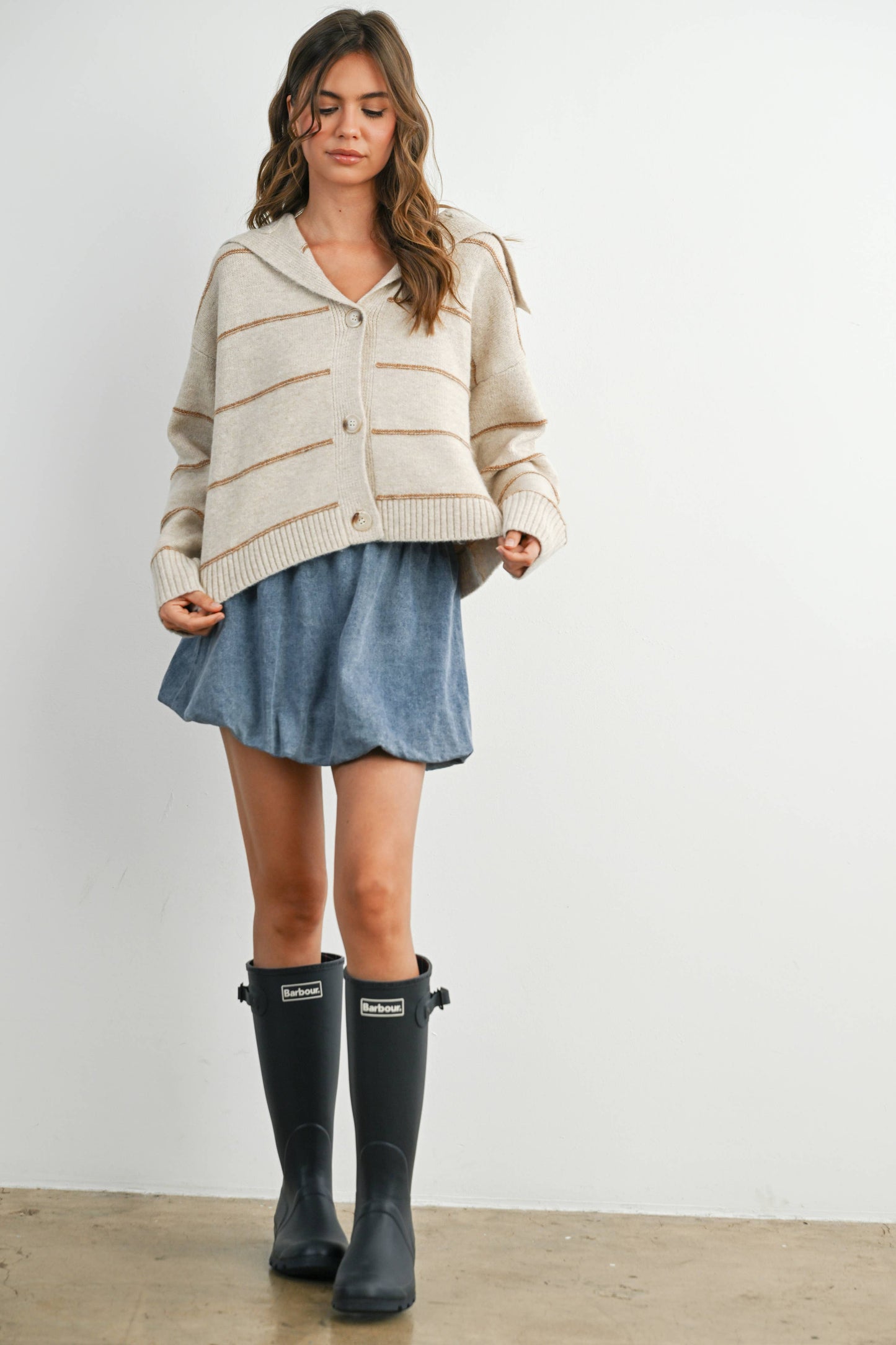 Button-Up Striped Collared Long Sleeve Top - BMC7883: TAUPE MULTI / M