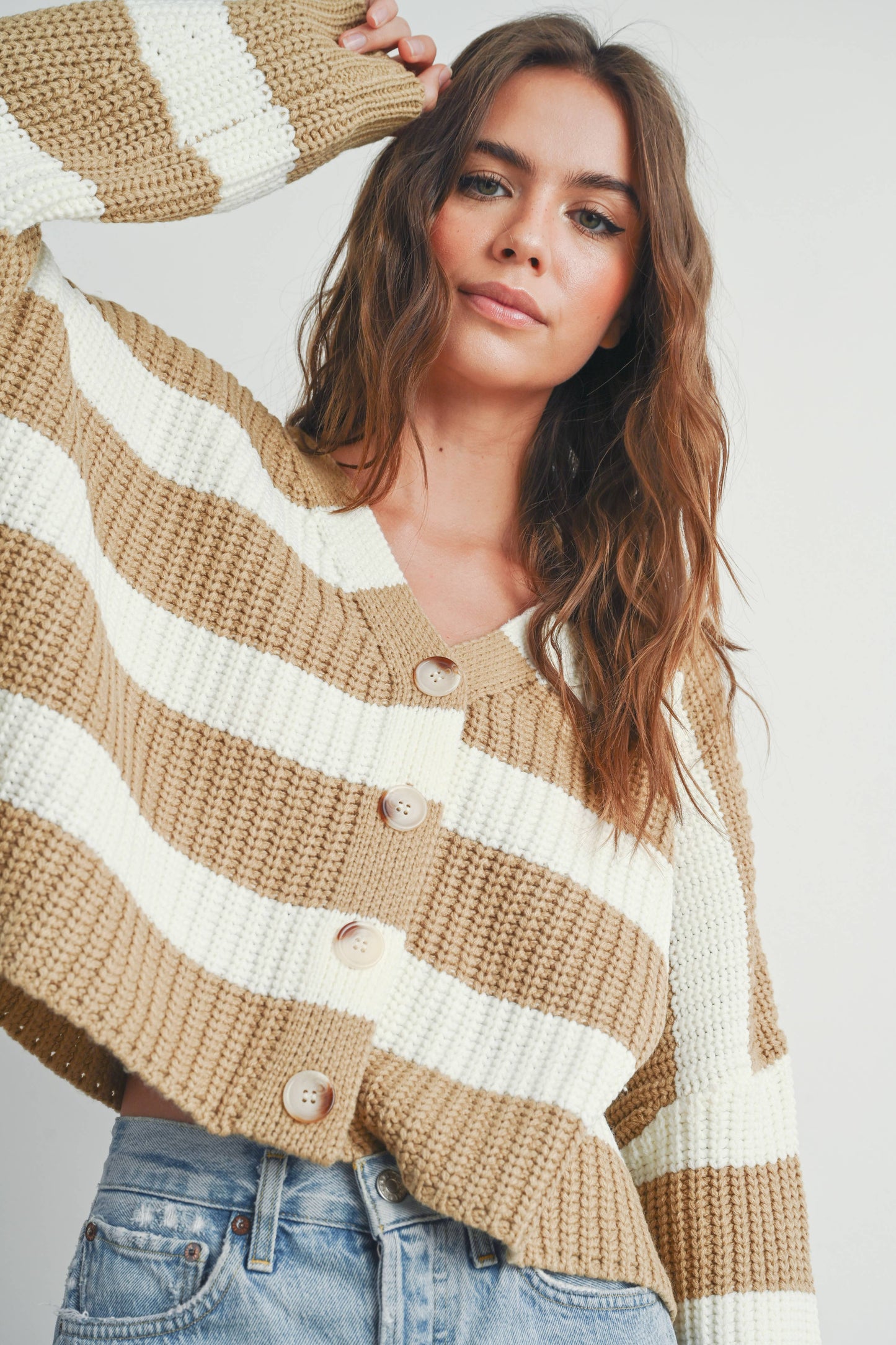 Striped V-Neck Cardigan with Buttons - BMC7331