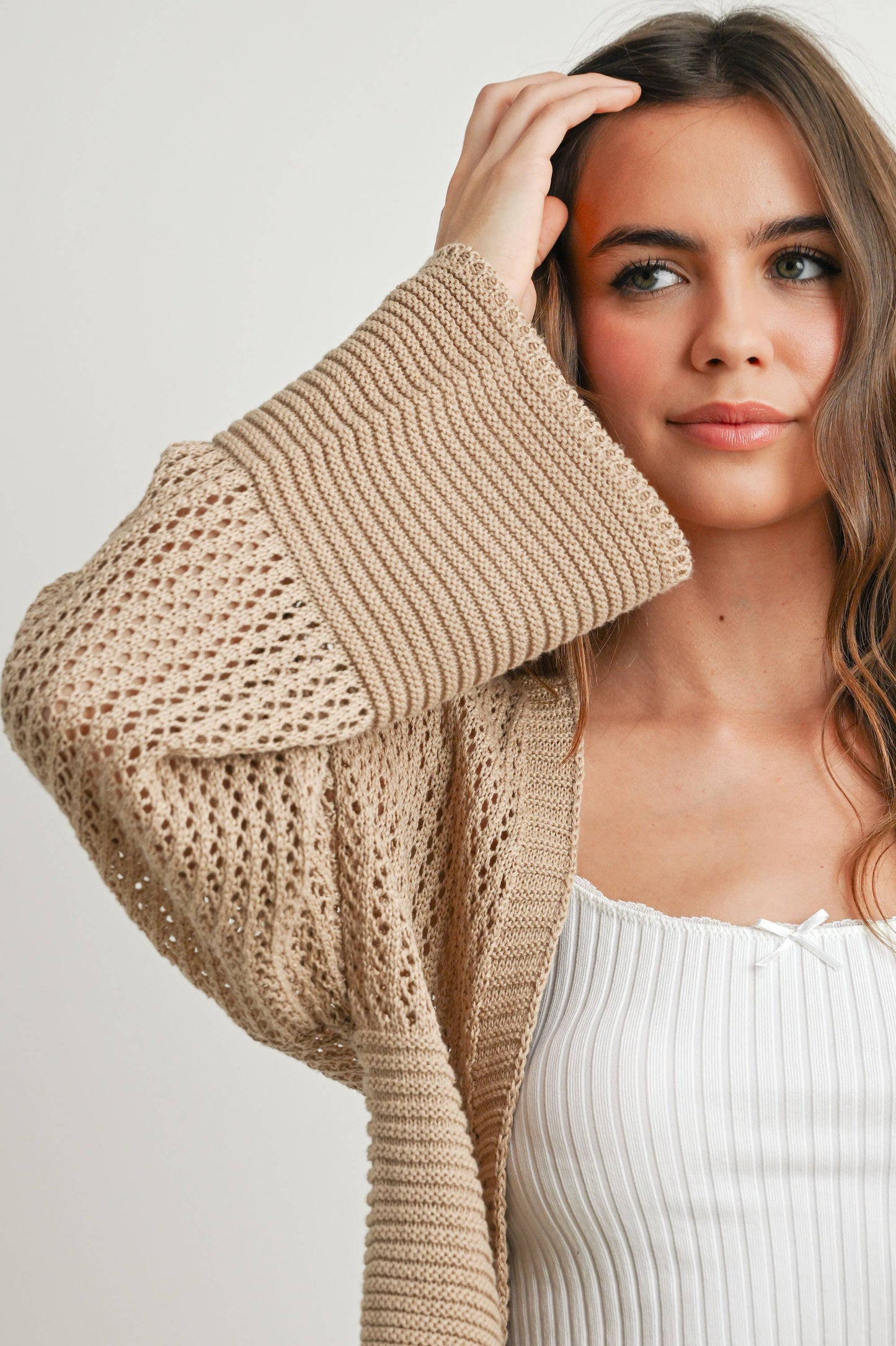 The Rowan Cardi – Textured Crop in Taupe