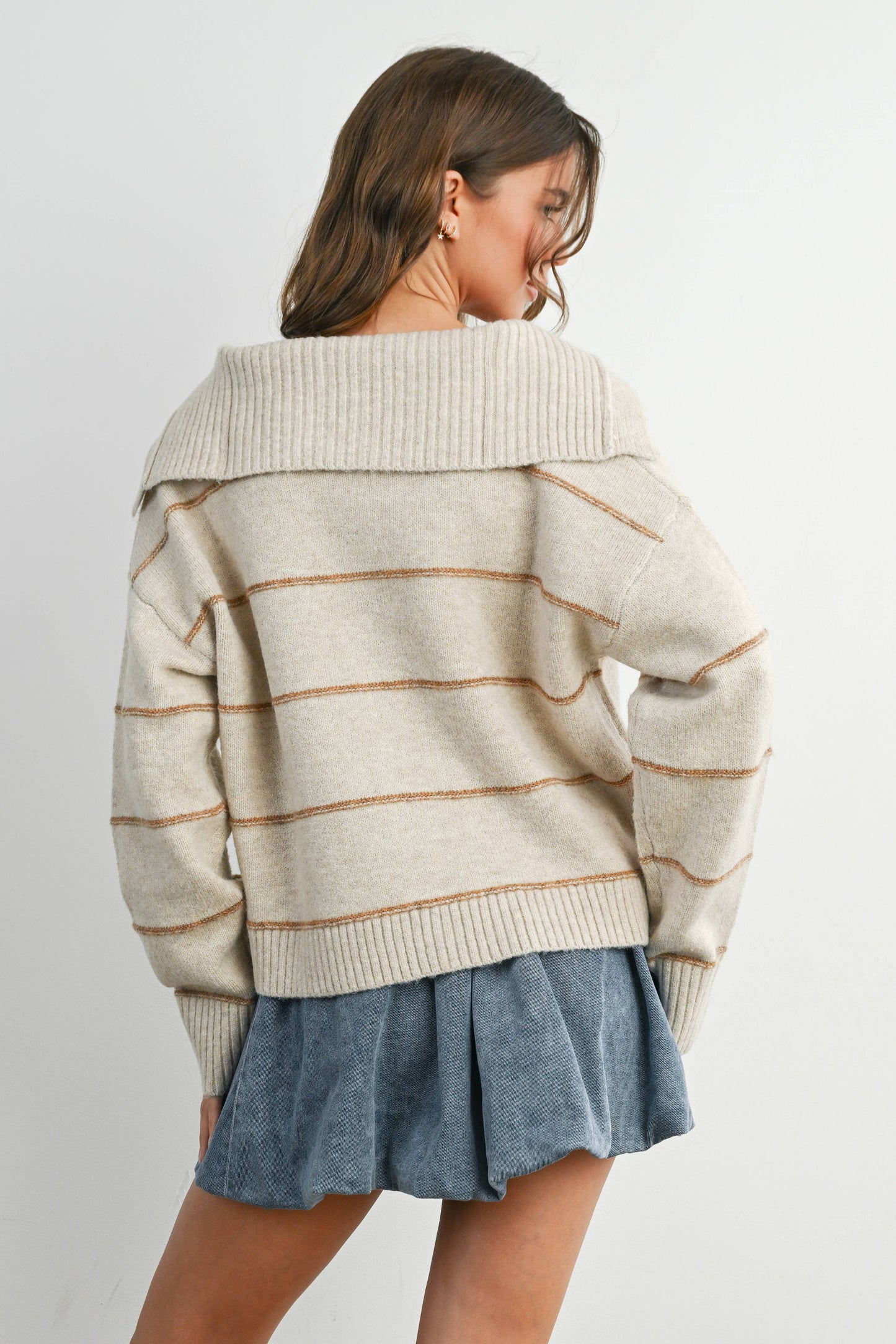 Button-Up Striped Collared Long Sleeve Top - BMC7883: TAUPE MULTI / M