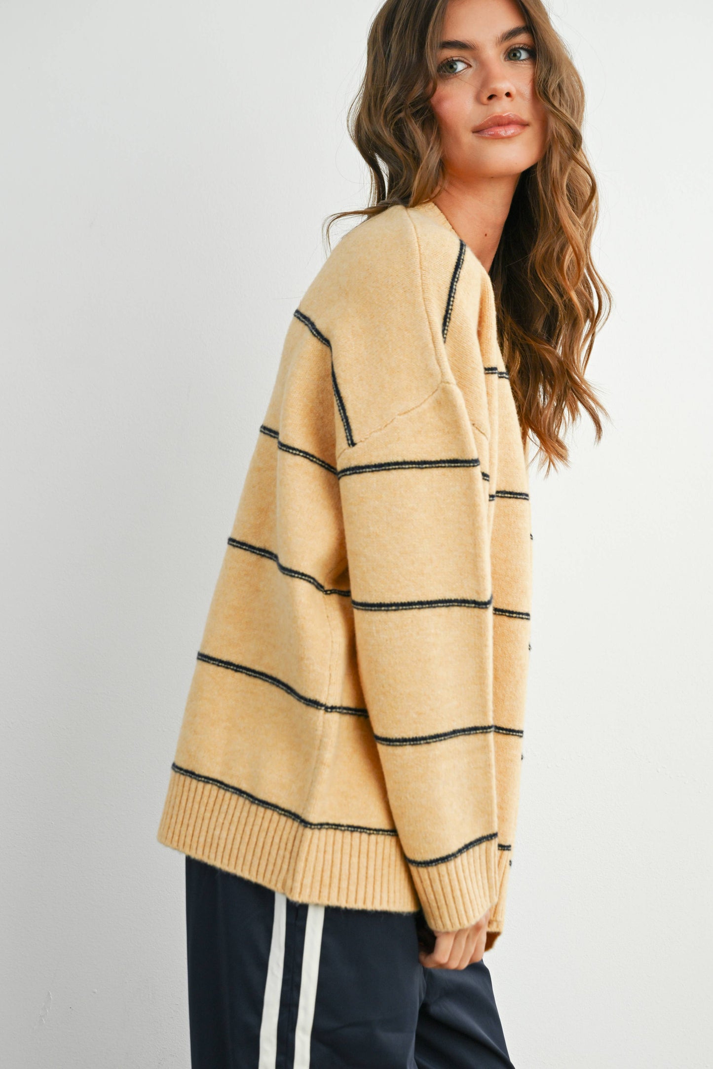 Striped Pattern Drop Shoulder Sweater - BMW7421: TAUPE MULTI / L