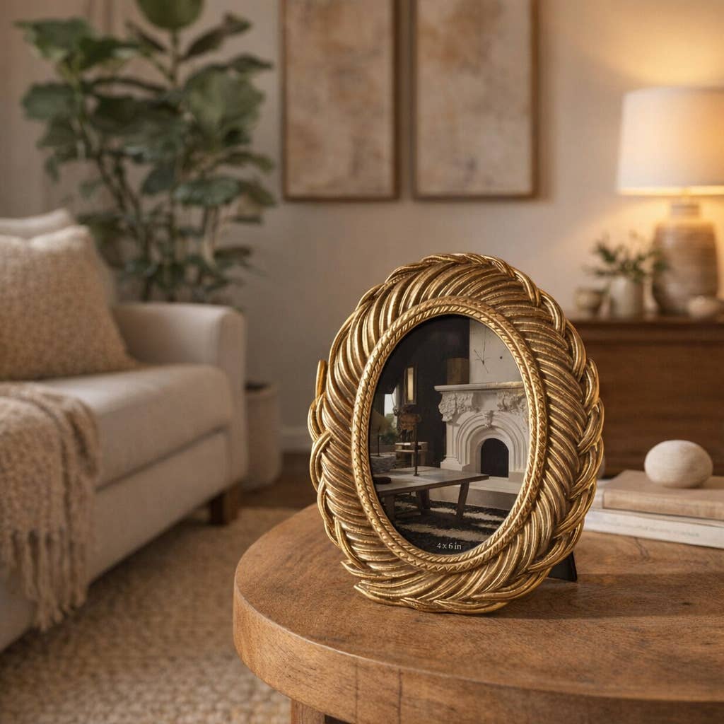 Photo Frame - Gold Polyresin Feathers Around Oval, 4x6 in.