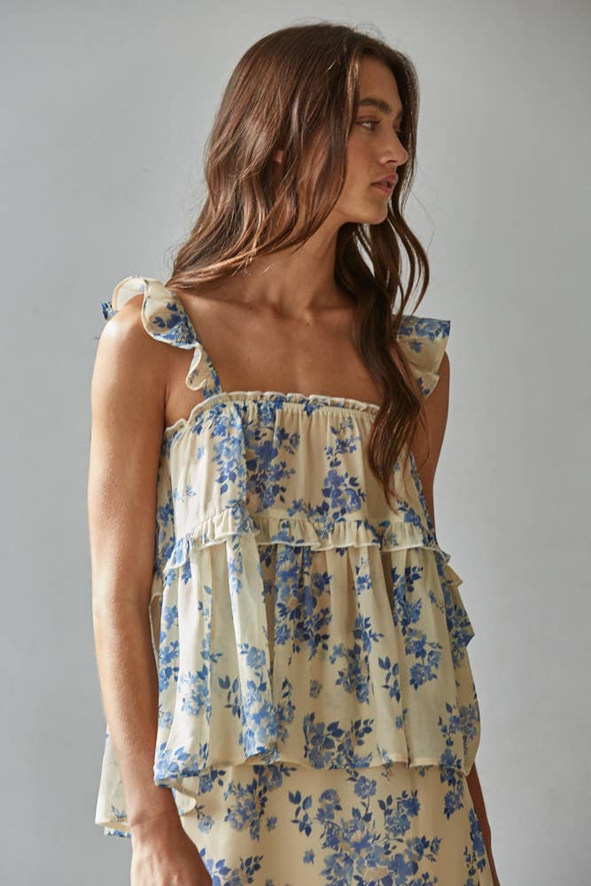Woven Floral Print Ruffled Top
