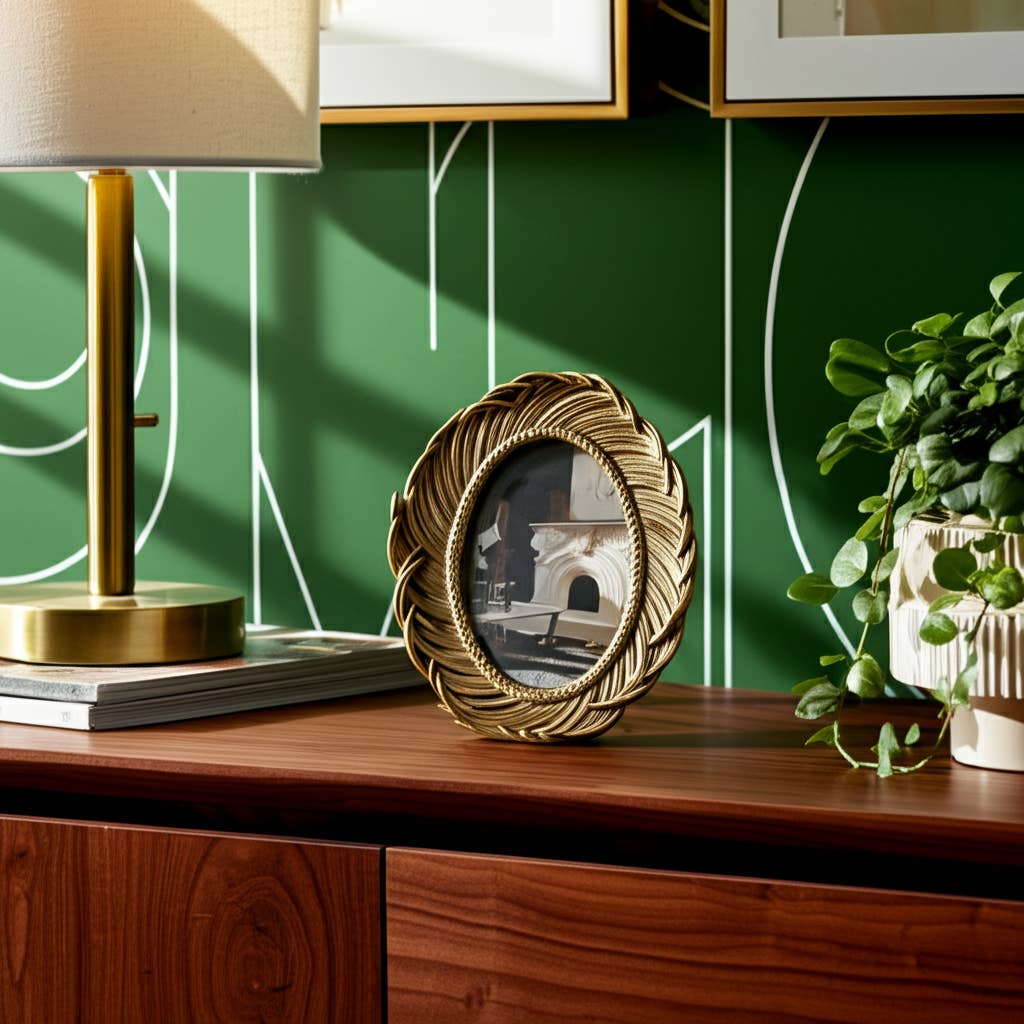 Photo Frame - Gold Polyresin Feathers Around Oval, 4x6 in.