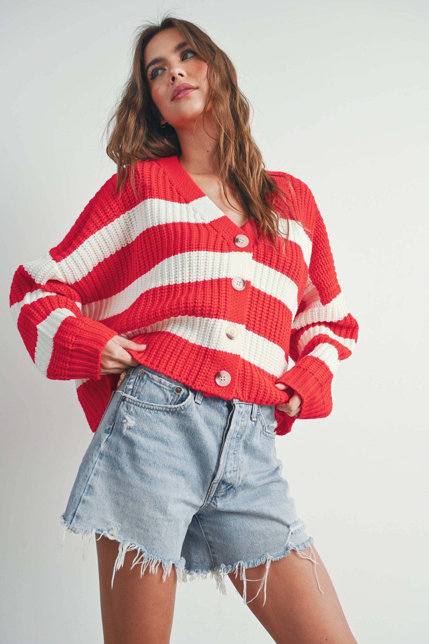Striped V-Neck Cardigan with Buttons - BMC7331