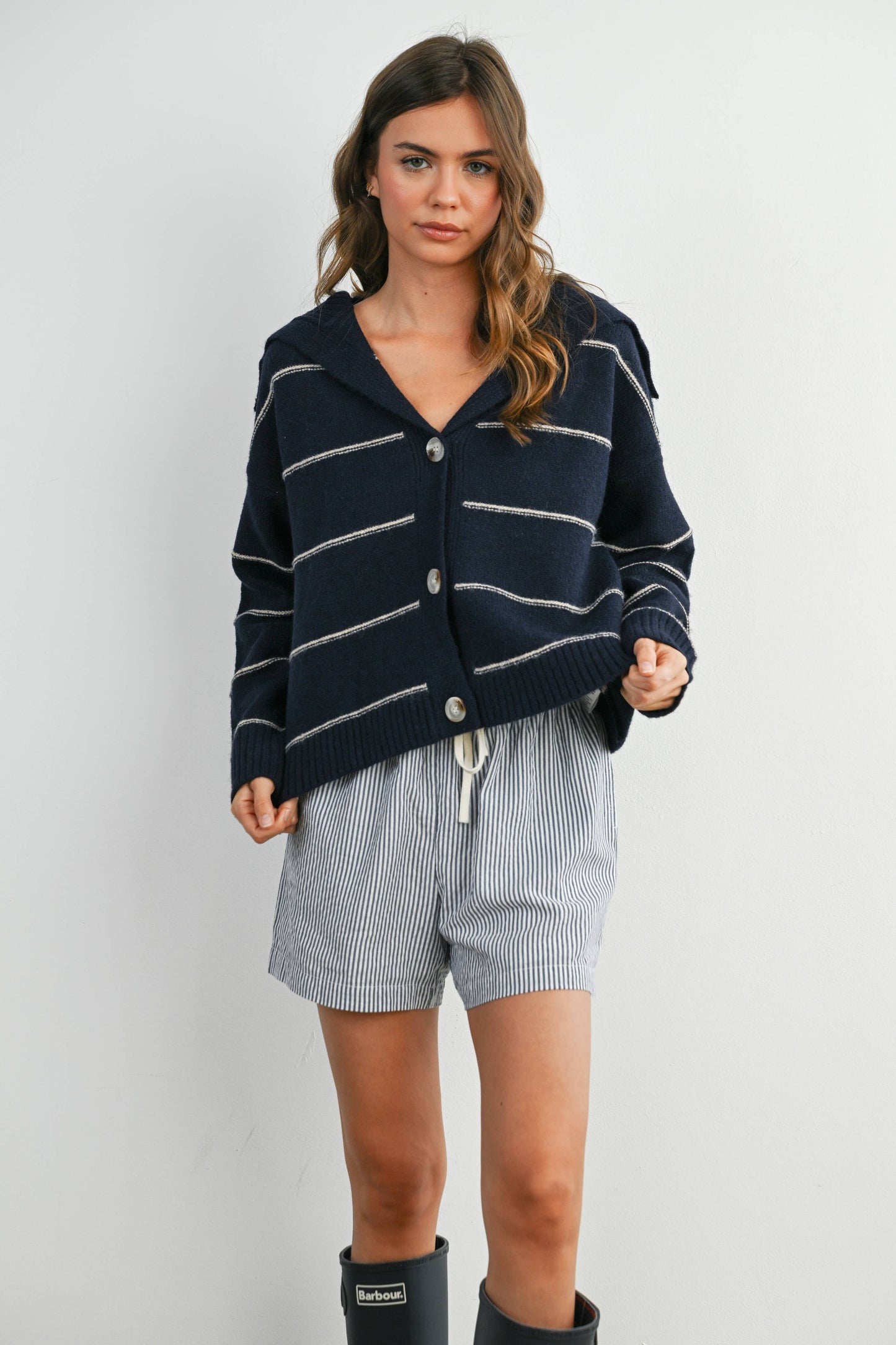 Button-Up Striped Collared Long Sleeve Top - BMC7883: TAUPE MULTI / M