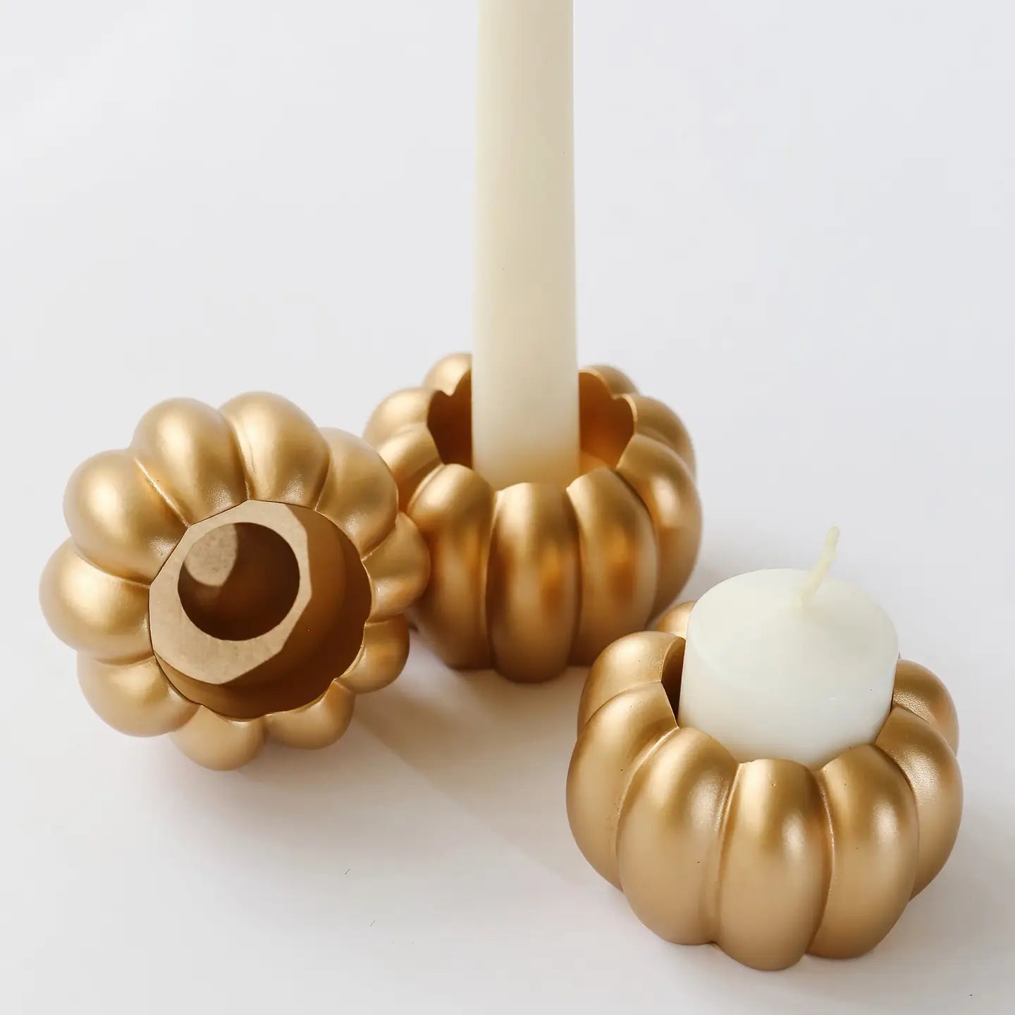 Gold White Pumpkin Tealight & Candlestick Holder