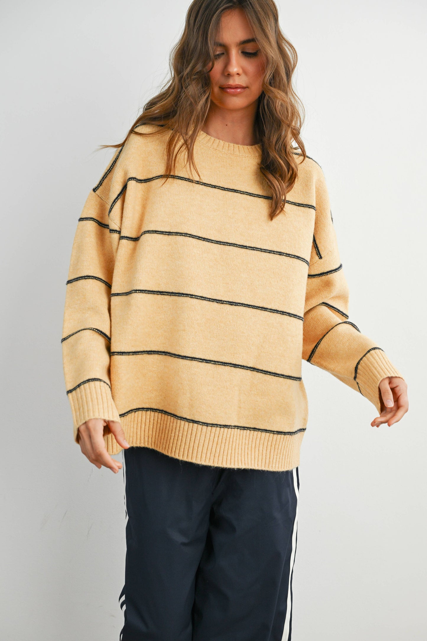 Striped Pattern Drop Shoulder Sweater - BMW7421: TAUPE MULTI / L