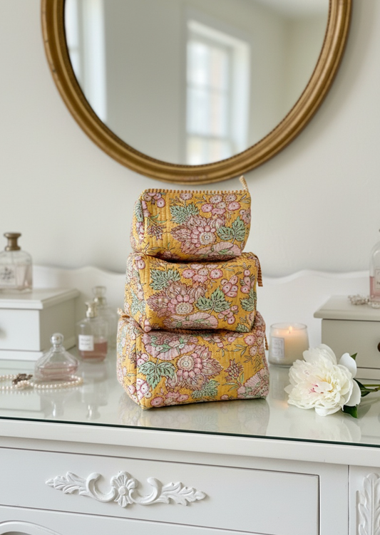 Yellow Block Printed Toiletry Bag - Set of 3  