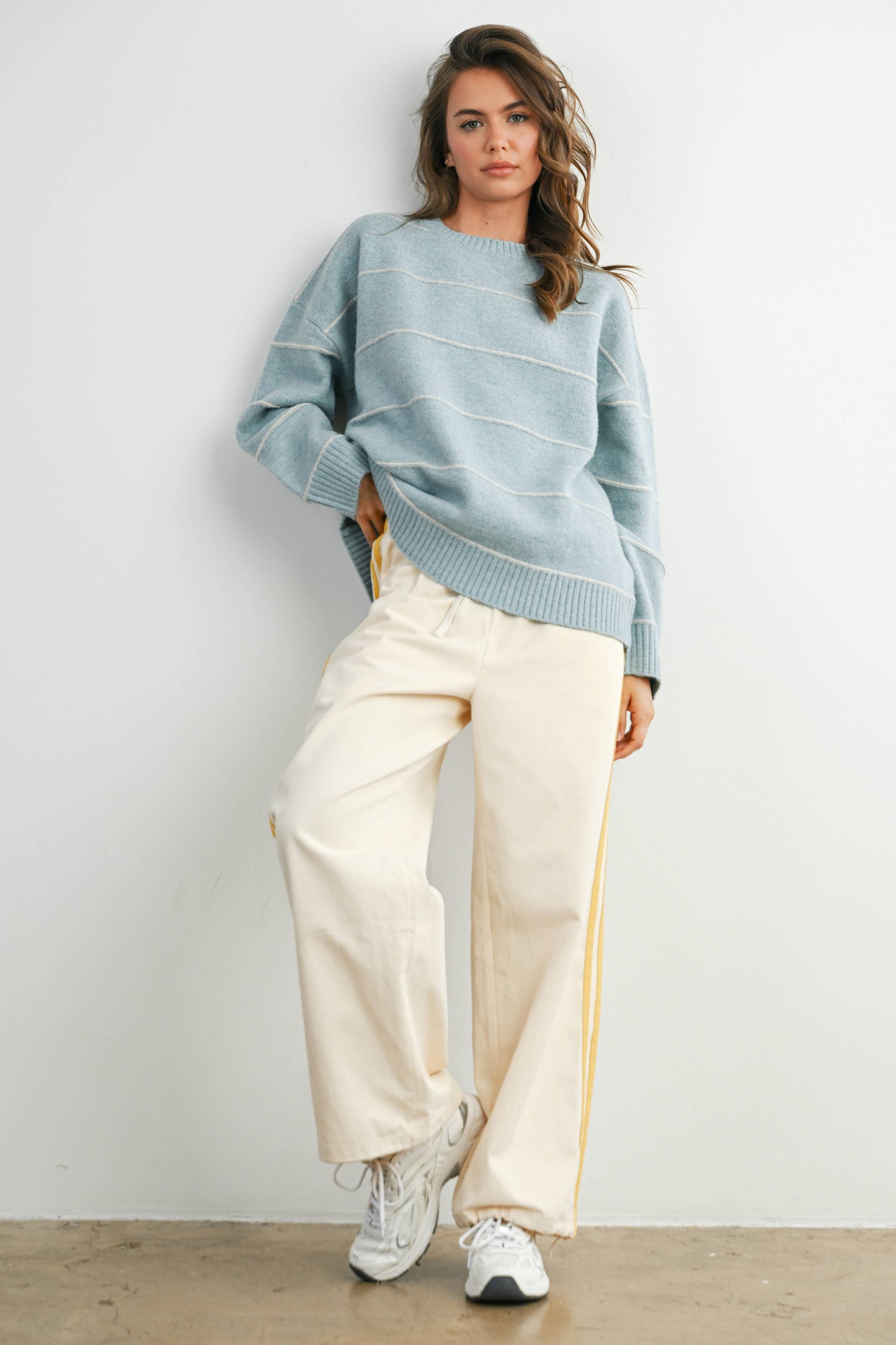 Striped Pattern Drop Shoulder Sweater - BMW7421: TAUPE MULTI / M