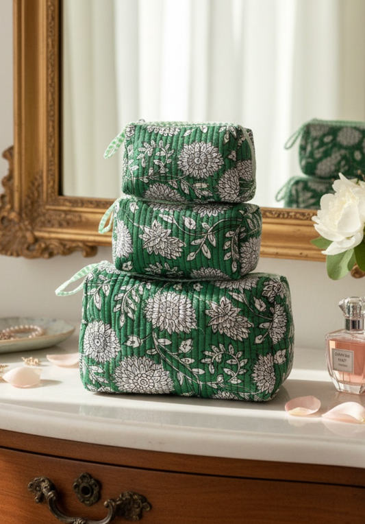 Green Block Printed Toiletry Bag - Set of 3  