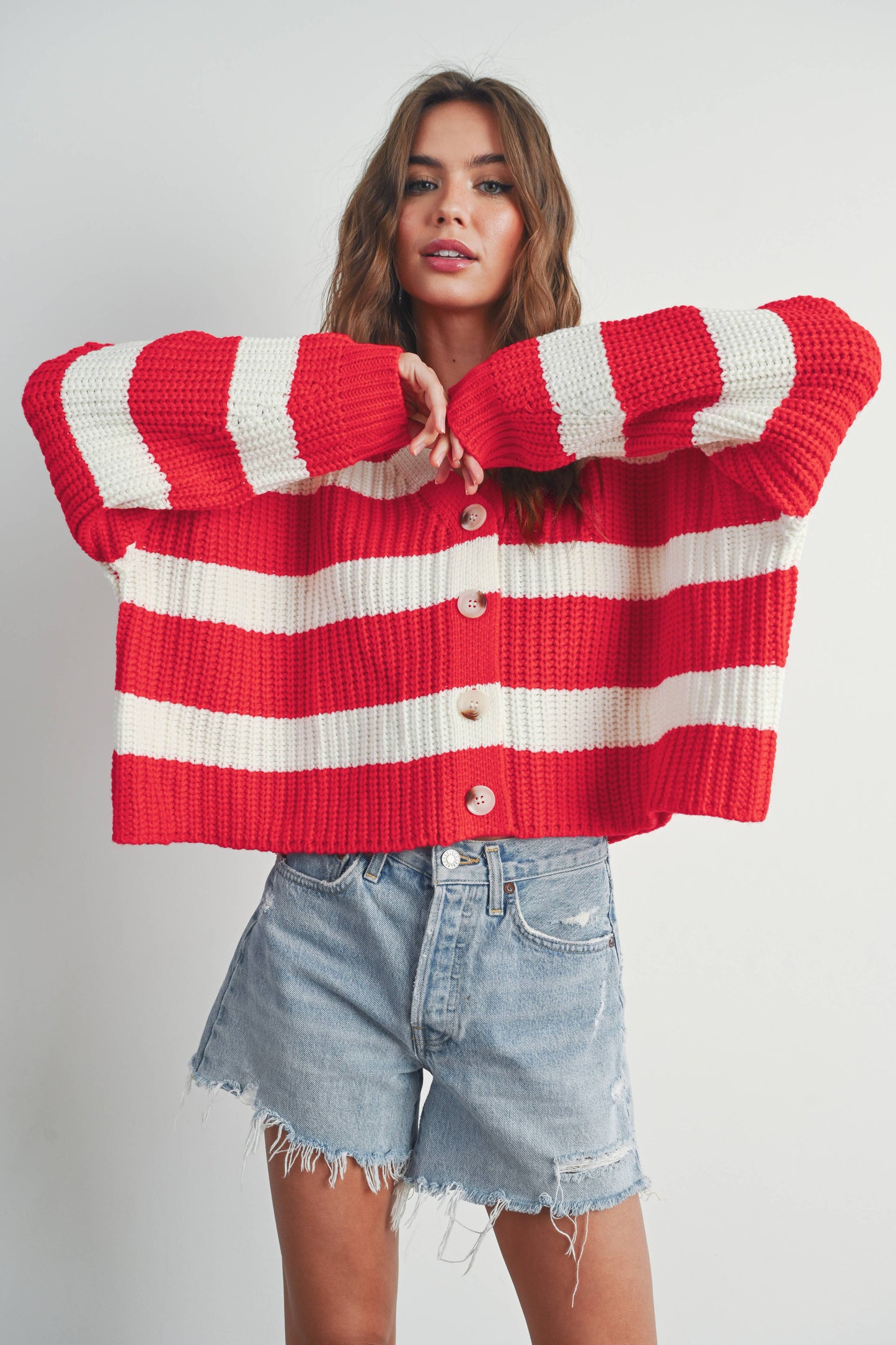 Striped V-Neck Cardigan with Buttons - BMC7331