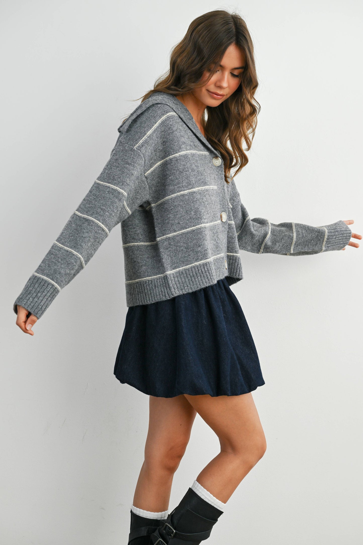 Button-Up Striped Collared Long Sleeve Top - BMC7883: TAUPE MULTI / M