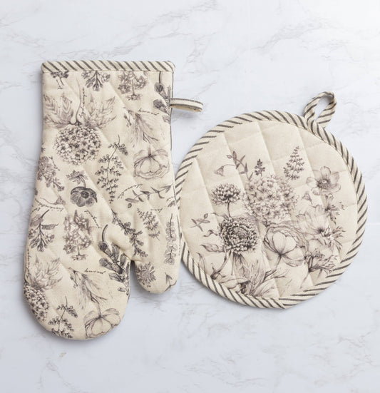 Oven Mitt And Pot Holder - Black And White Botanicals