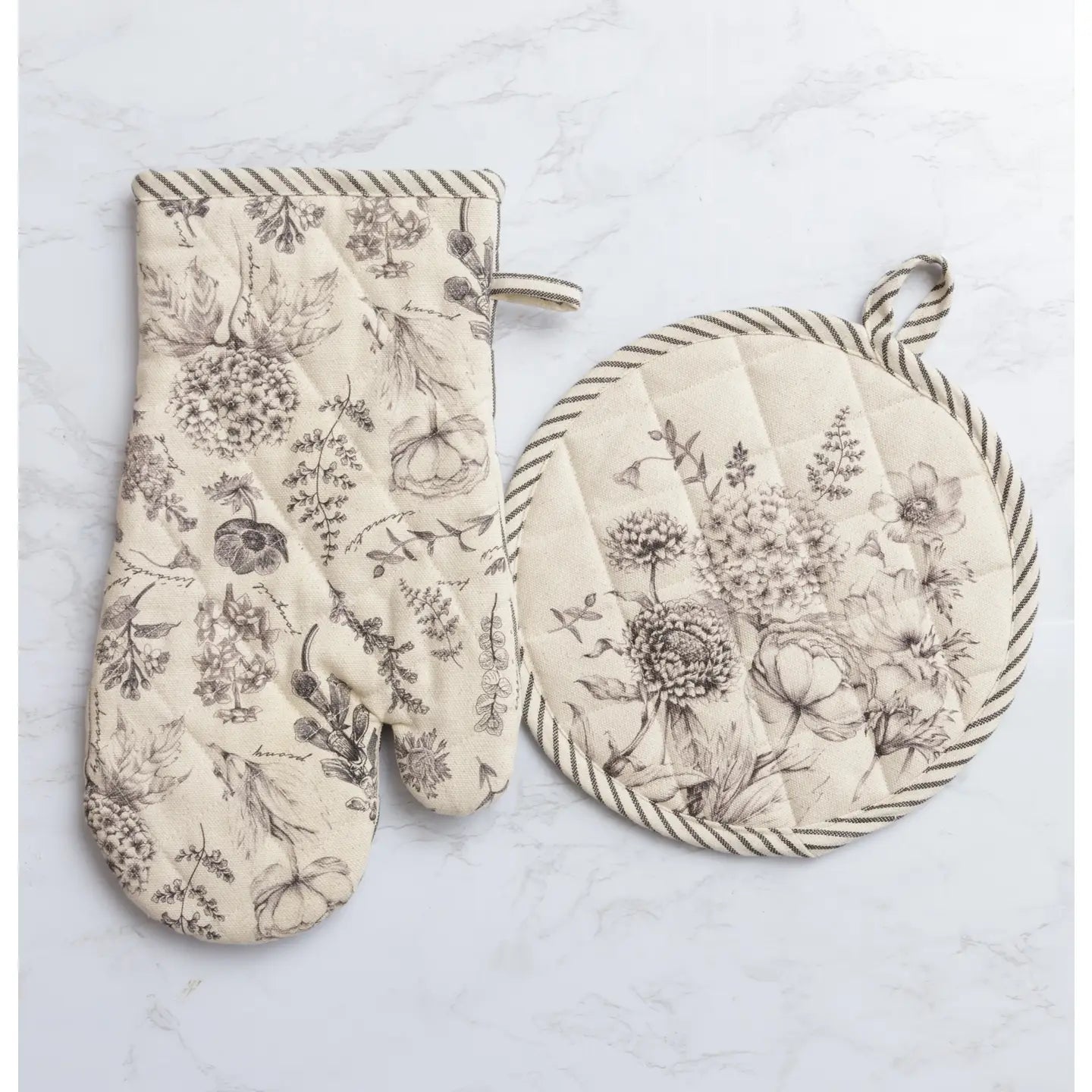 Oven Mitt and Pot Holder - Black and White Botanicals