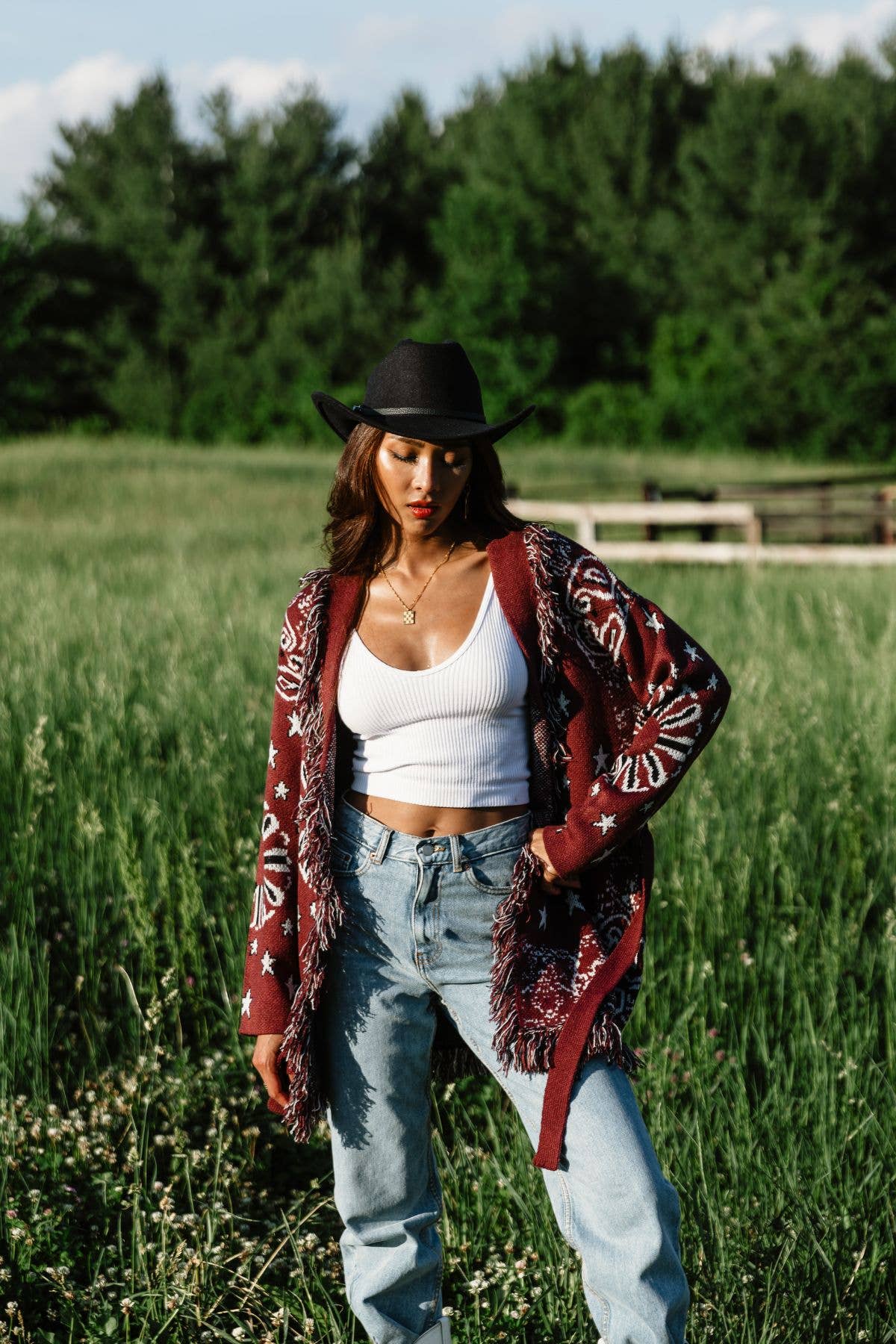 Burgundy Bandana Fringe Cardigan
