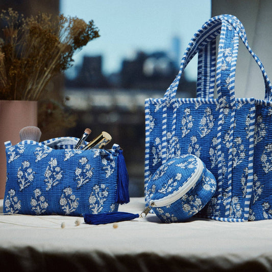 Blue Quilted Floral Mini Tote Bag