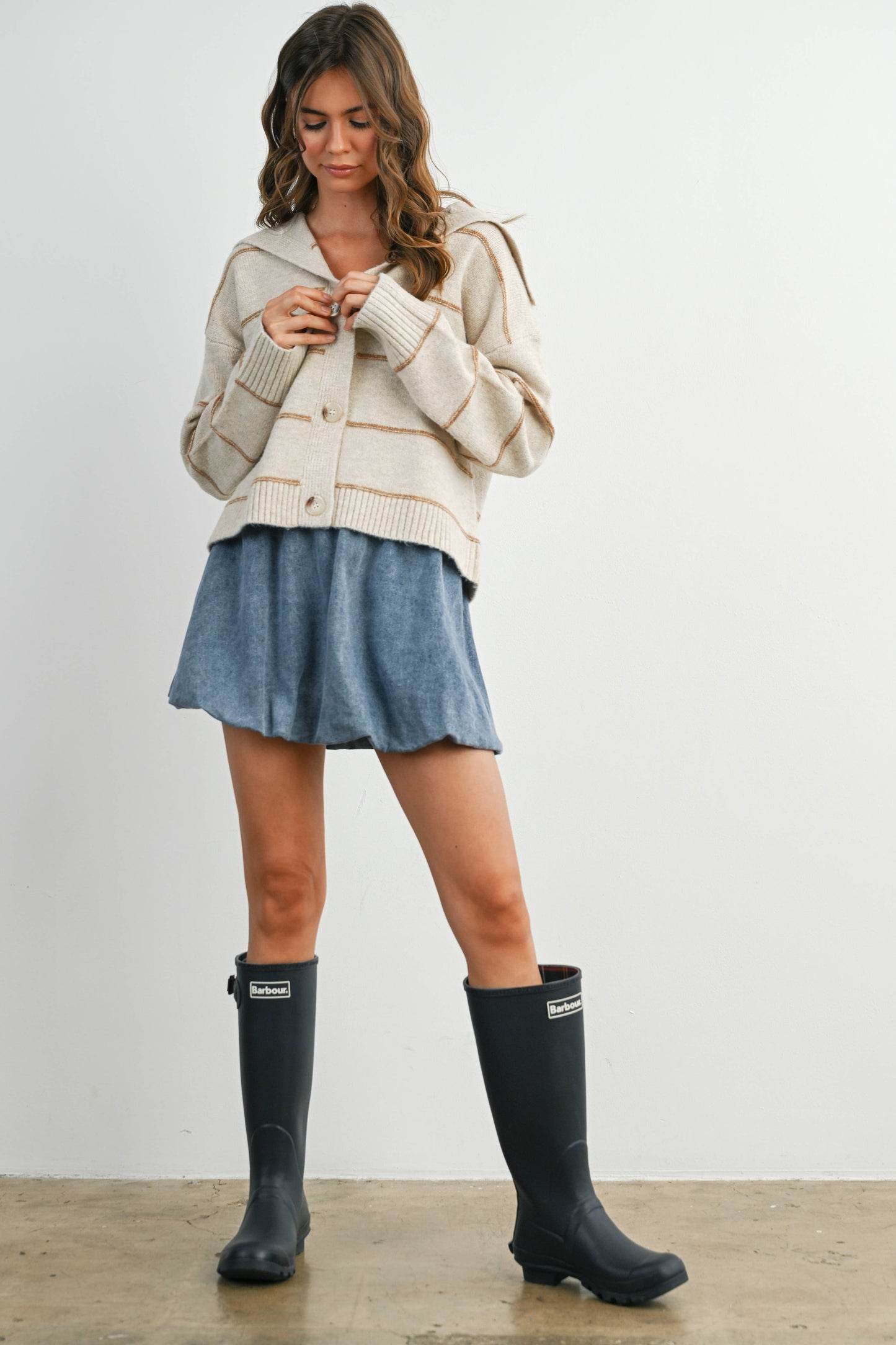 Button-Up Striped Collared Long Sleeve Top - BMC7883: TAUPE MULTI / L