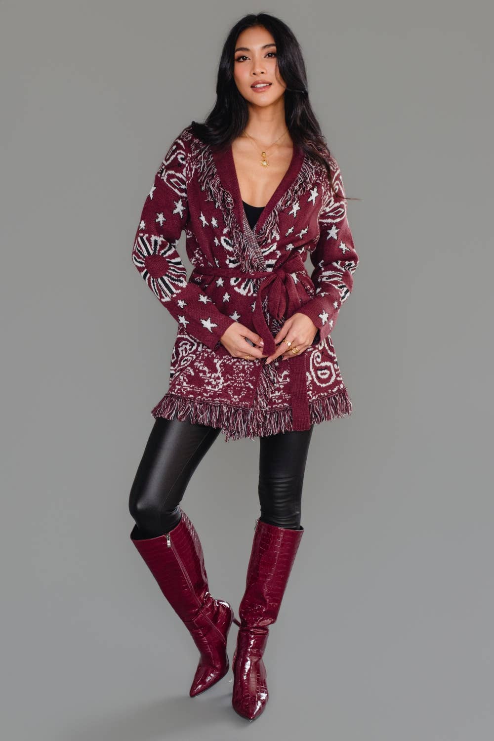 Burgundy Bandana Fringe Cardigan