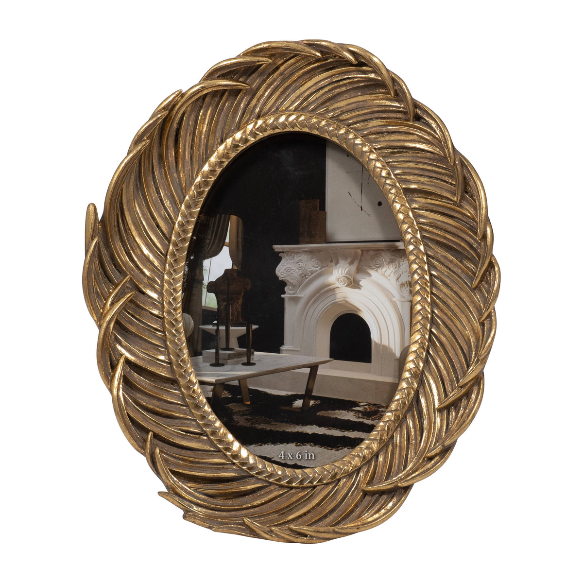 Photo Frame - Gold Polyresin Feathers Around Oval, 4x6 in.