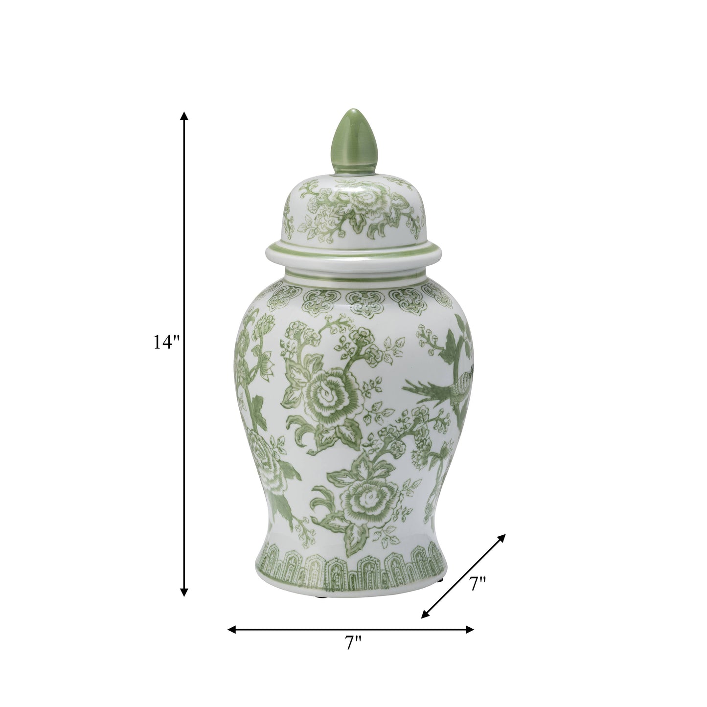14 in. Green/White Bird and Flower Temple Chinoiserie Jar