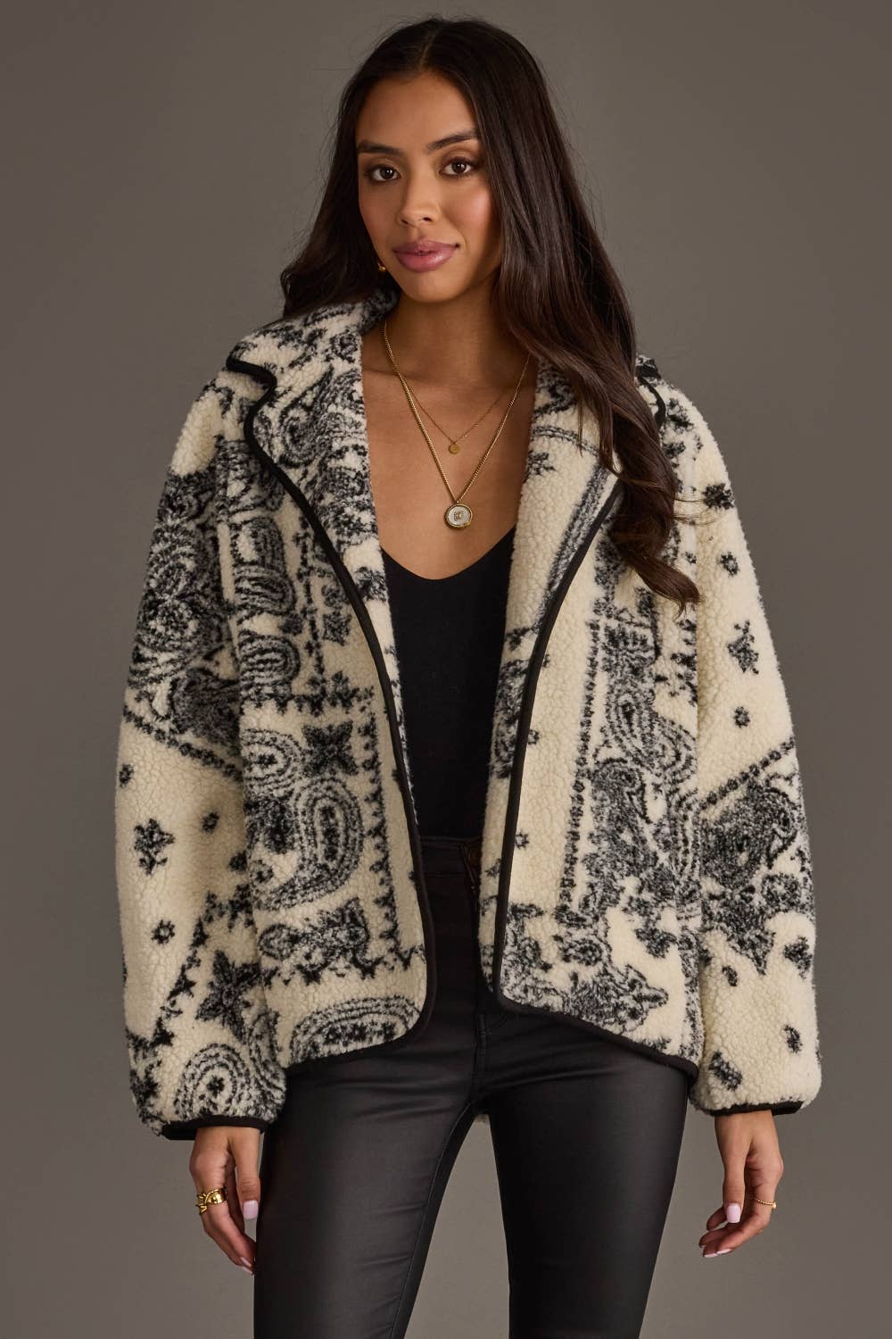 White & Black Paisley Fleece Coatigan