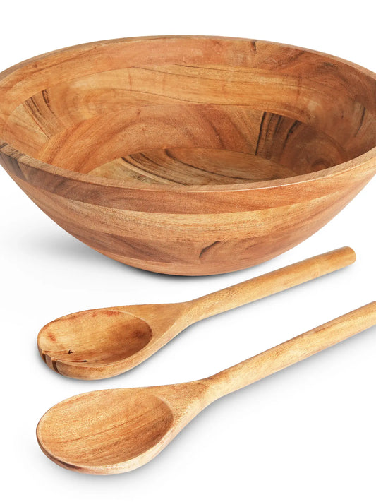 Large Wooden Salad Bowl with Servers