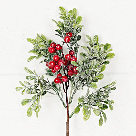 Icy Sparkle Boxwood Pick with Red Berries (14”)