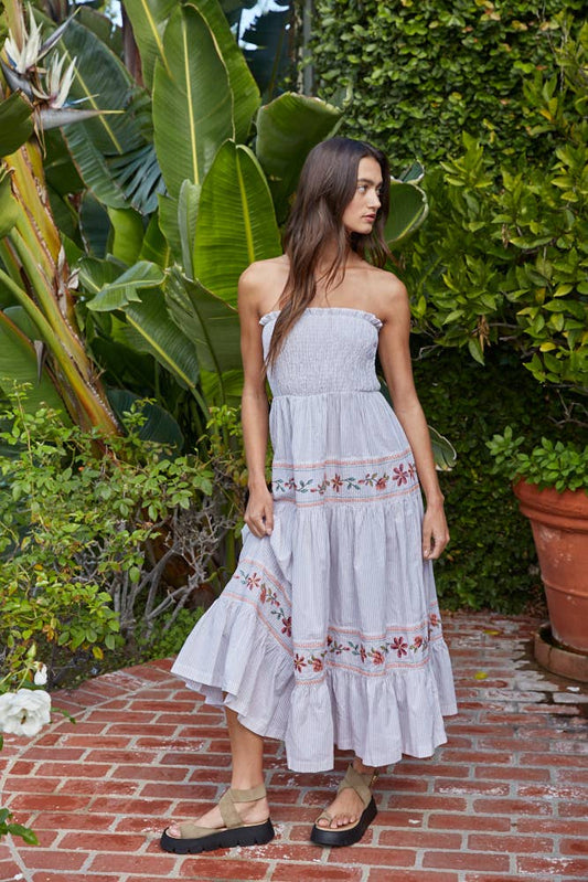 Striped Strapless Smocked Midi Dress