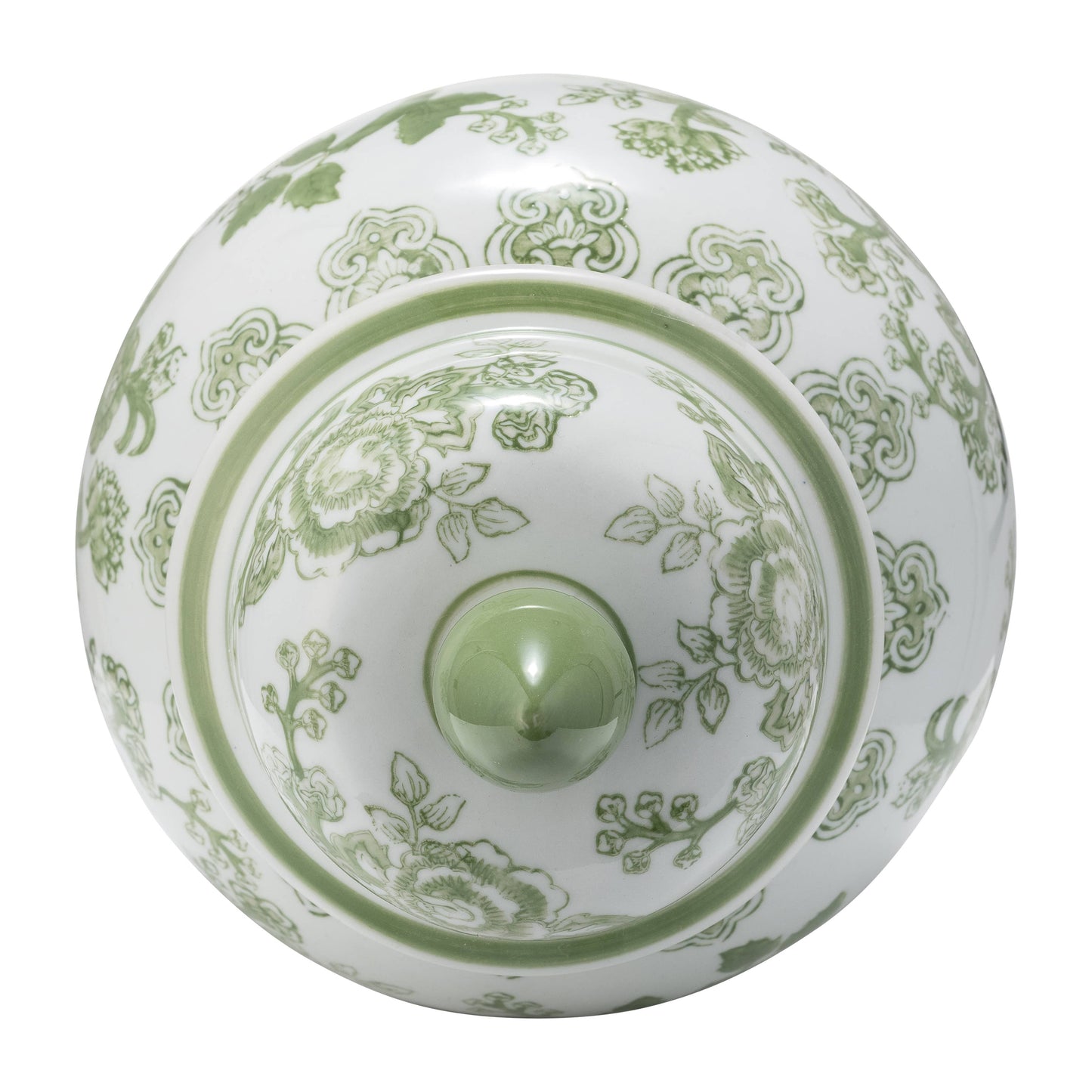 14 in. Green/White Bird and Flower Temple Chinoiserie Jar