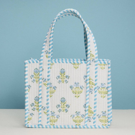 Blue Floral Quilted Mini Tote Bag – Soft Fabric Everyday Carry Handbag