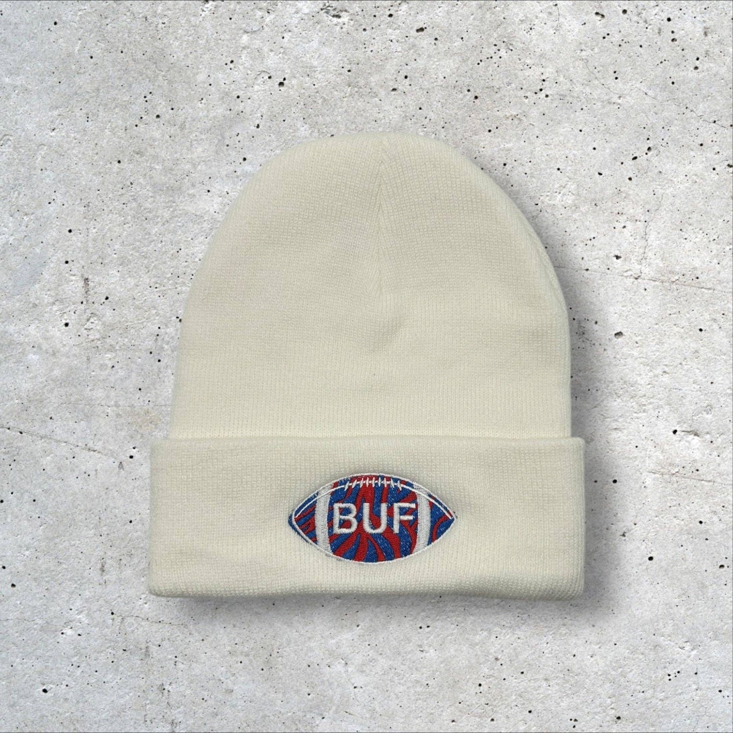 Embroidered BUF Football Beanie: Blue/Red / Pom Beanie