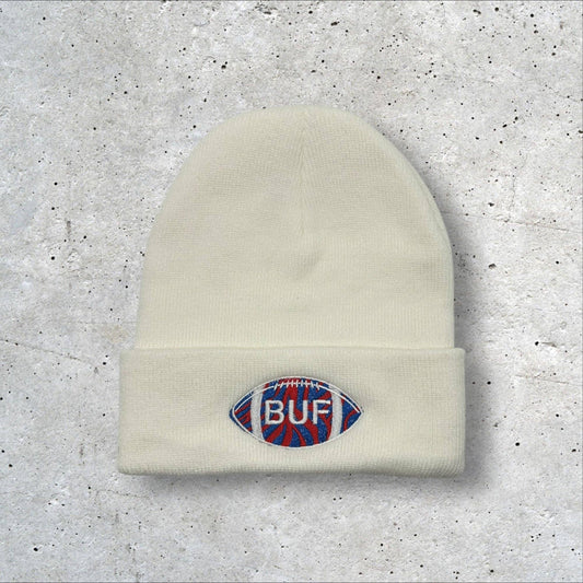 Embroidered BUF Football Beanie: Blue/Red / Pom Beanie