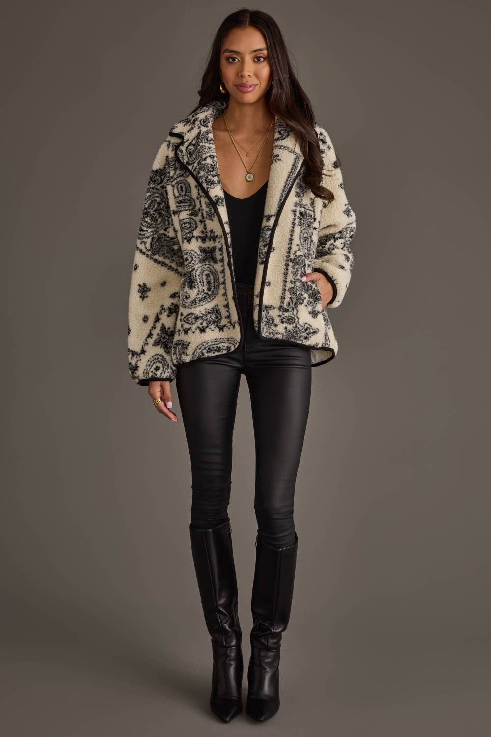 White & Black Paisley Fleece Coatigan