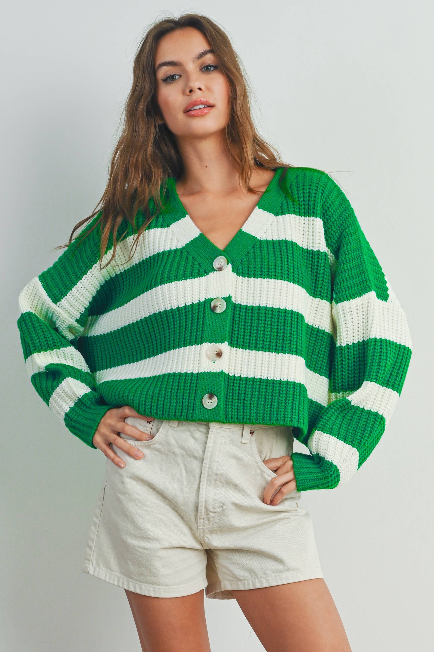 Striped V-Neck Cardigan with Buttons - BMC7331