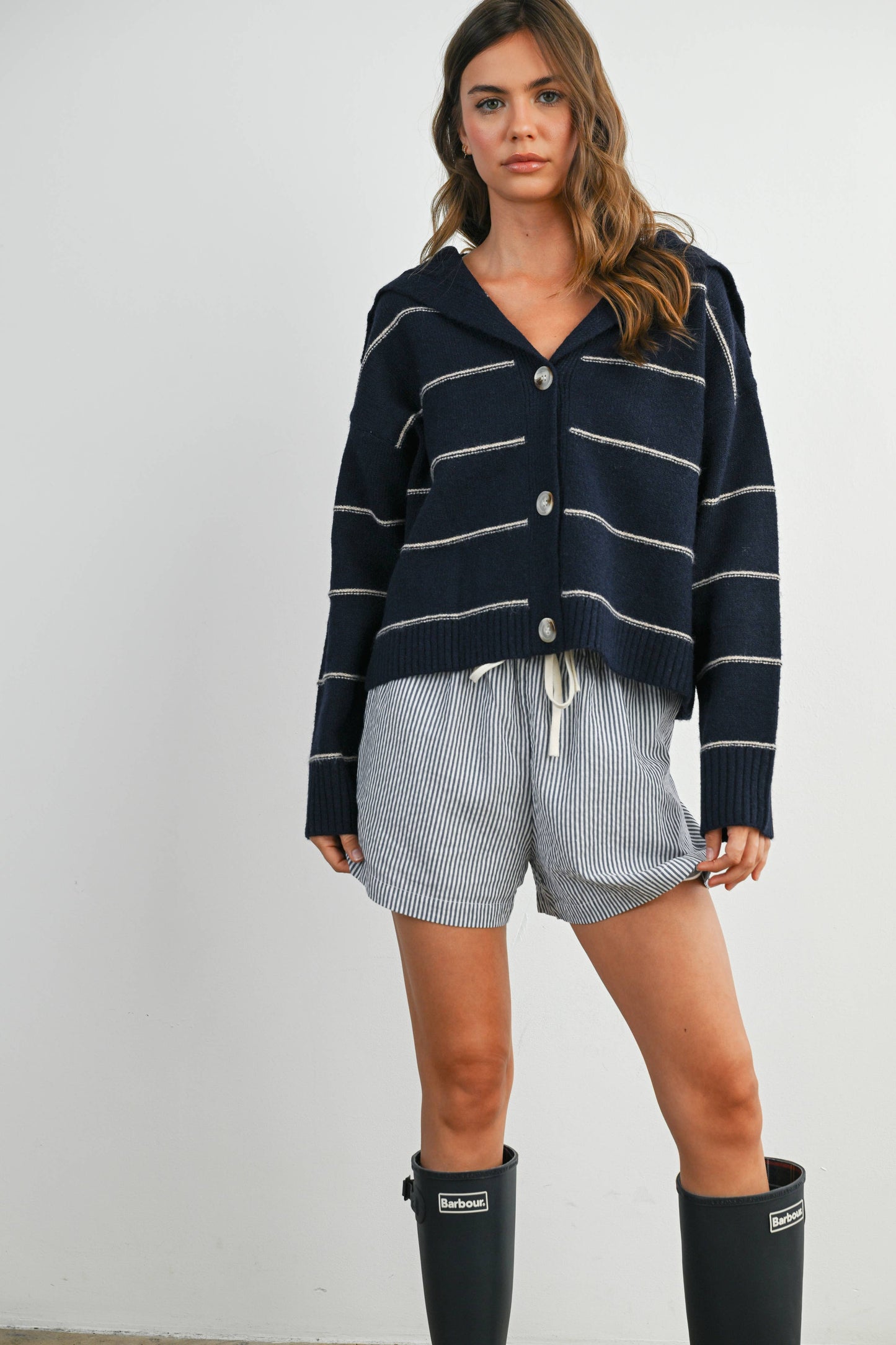 Button-Up Striped Collared Long Sleeve Top - BMC7883: TAUPE MULTI / L